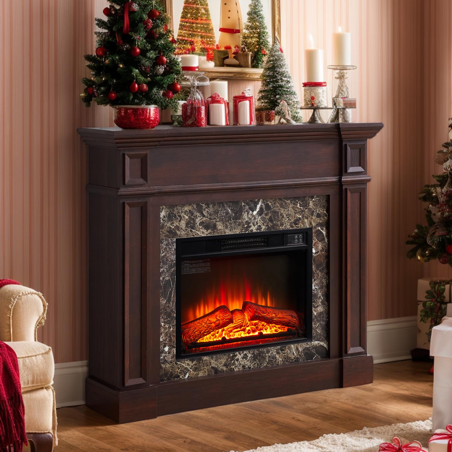 KavlSean 46" Electric Fireplace with Mantel, Farmhouse Electric Fireplace TV Stand with 1400W Heater, 3D Realistic Flame & Stacked Stone, Freestanding