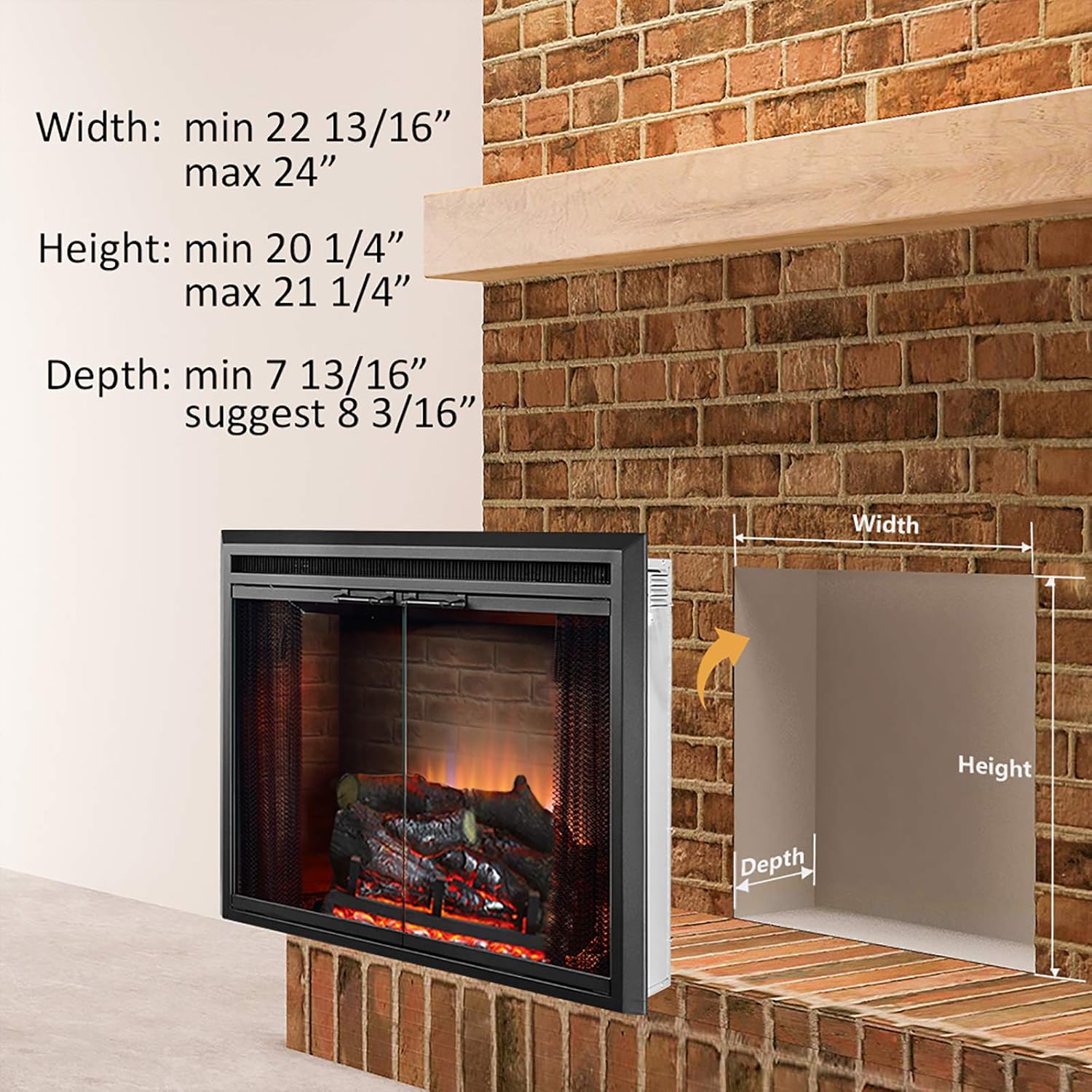Diagram illustrating the recommended minimum and maximum dimensions for a fireplace opening to accommodate the insert.