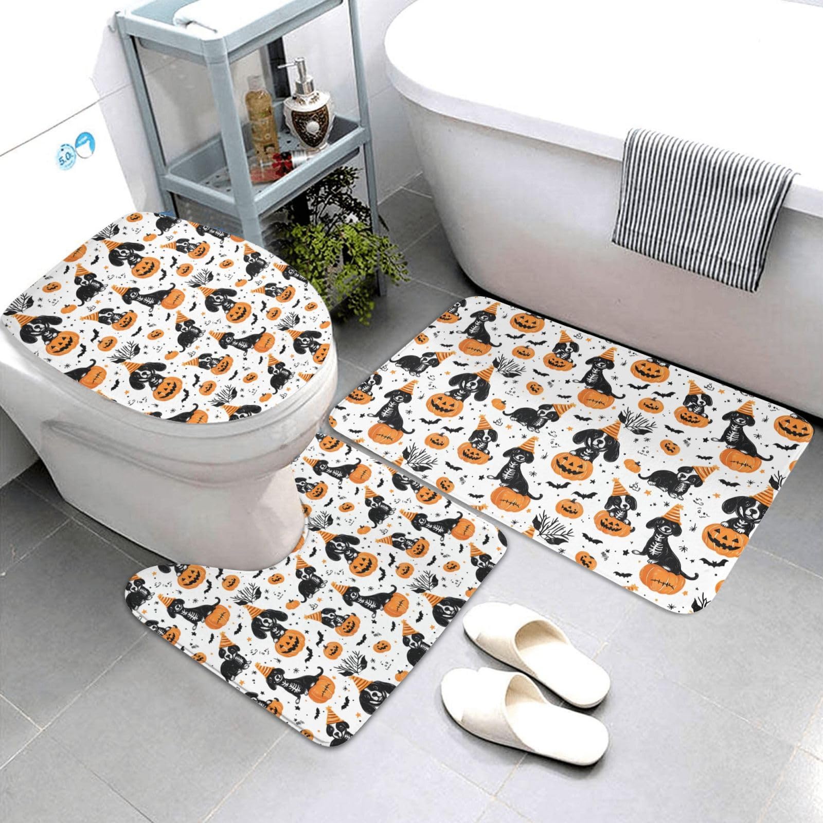 Tapis de salle de bain imprimé chiot Halloween lavable avec housse abattant de toilette