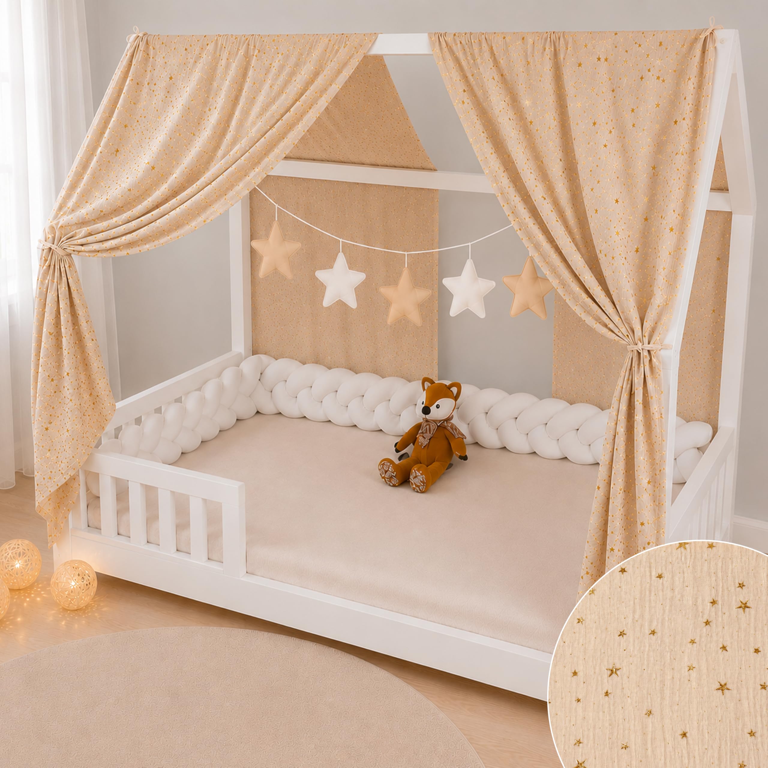 YellowNest Hausbett Himmel (2er Pack) - 100% Baumwolle - Betthimmel Hausbett aus Musselin (2er Pack) - Himmelbett Vorhänge für Bett 70x140 cm (Beige Wimpelkette Stern, 62 x 270 (2er-Set))