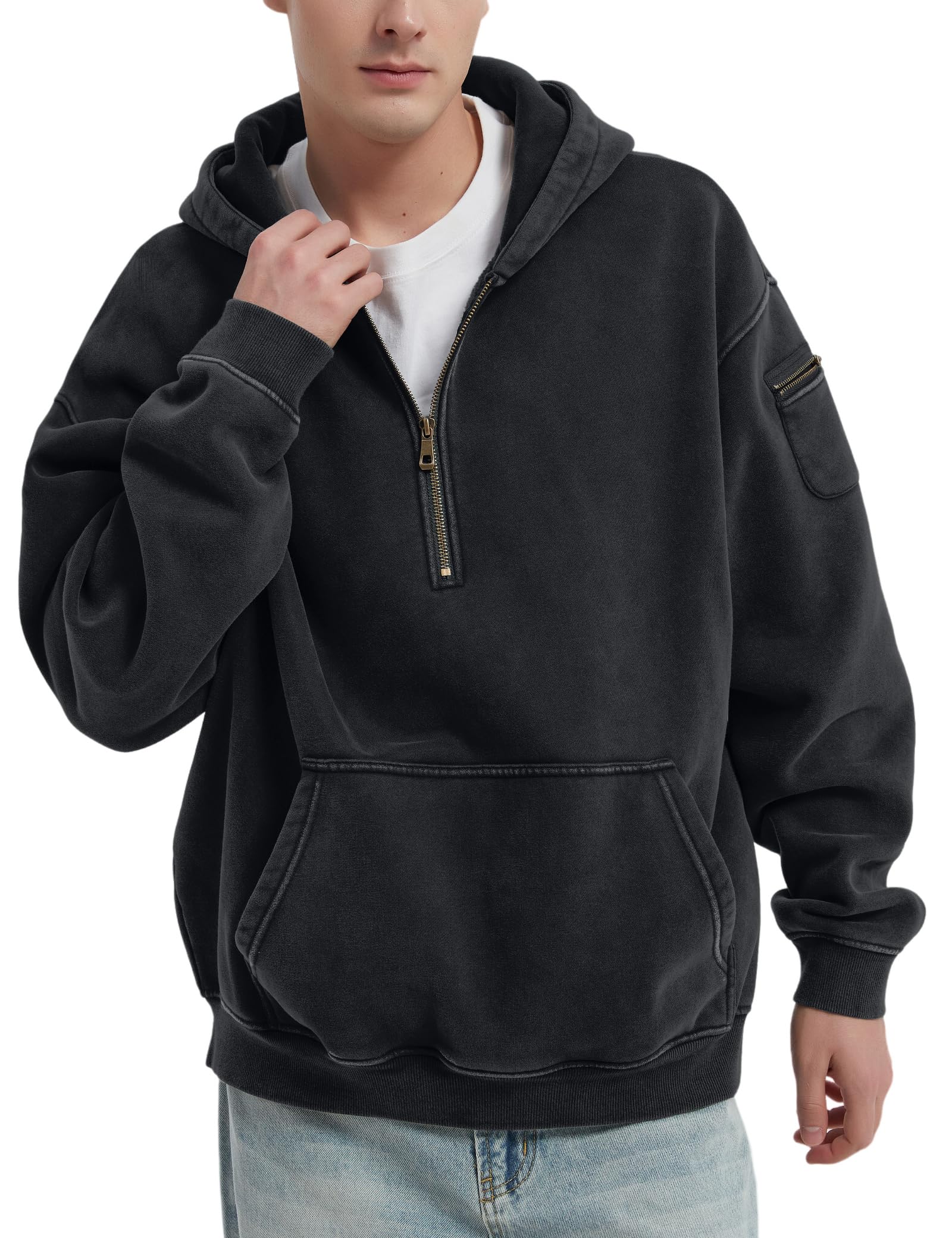 Men's Oversized Washed Quarter Zip Hoodie Loose Fit Pullover Sweatshirt with Pockets