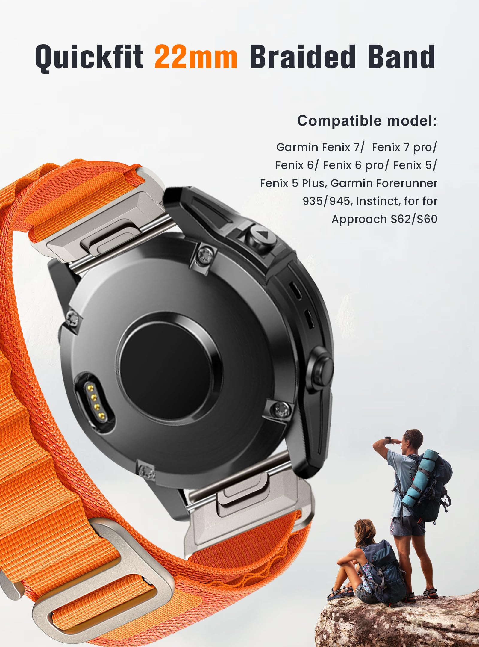 Nylon-Band for Garmin Fenix E/Fenix 8 AMOLED 47mm/Fenix 7/Fenix 7 pro/Fenix 6/Fenix 6 pro/Fenix 5/Fenix 5 Plus,Quickfit 22mm Adjustable Nylon Loop Bands for Garmin Forerunner 935/945, Instinct,Approach S62/S60 (BlackGray)