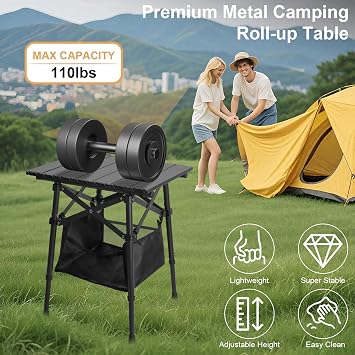 Folding Camping Side Table, Adjustable Height 14.2 & 18.9 in | Includes Storage Bag; Lightweight Aluminum Frame; Portable Foldable Design; For Picnic, Bbq, Beach, Tailgating