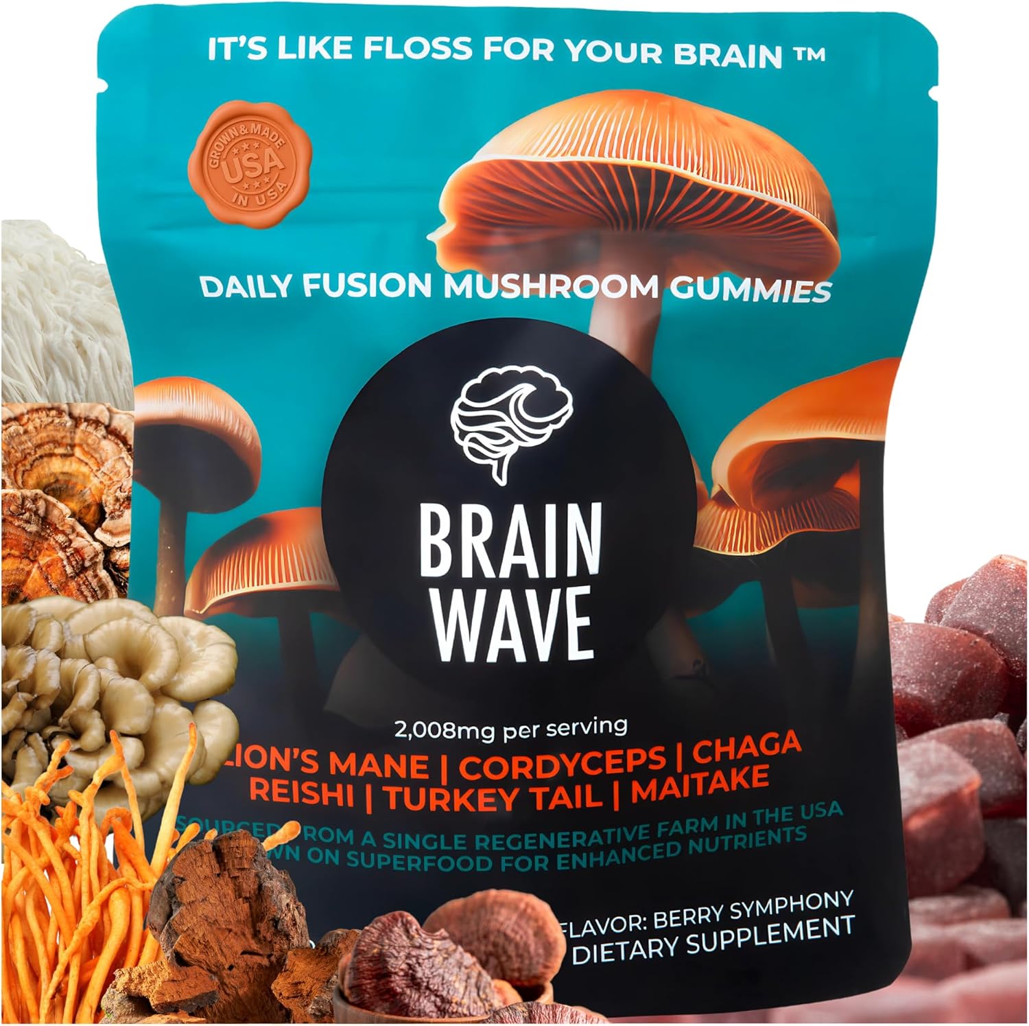 Superfood Mushroom Gummies | Delicious Daily Multi Lions Mane Mushroom Gummy Supplement 2,008 mg | Reishi Mushroom + Cordyceps + Turkey Tail + Chaga + Maitake | Mushroom Gummies for Focus and Energy