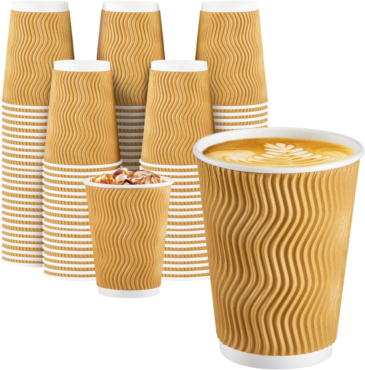 SIUQ Coffee Cups 12 oz 150 Pack, Insulated Ripple Wall Paper Coffee Cups 12 oz, Disposable Coffee Cups, Hot Beverage/Cold Drinking Cups for Office,Home,Party,Cafe,Picnic,Travel (Champagne) 12 oz-150 pack
