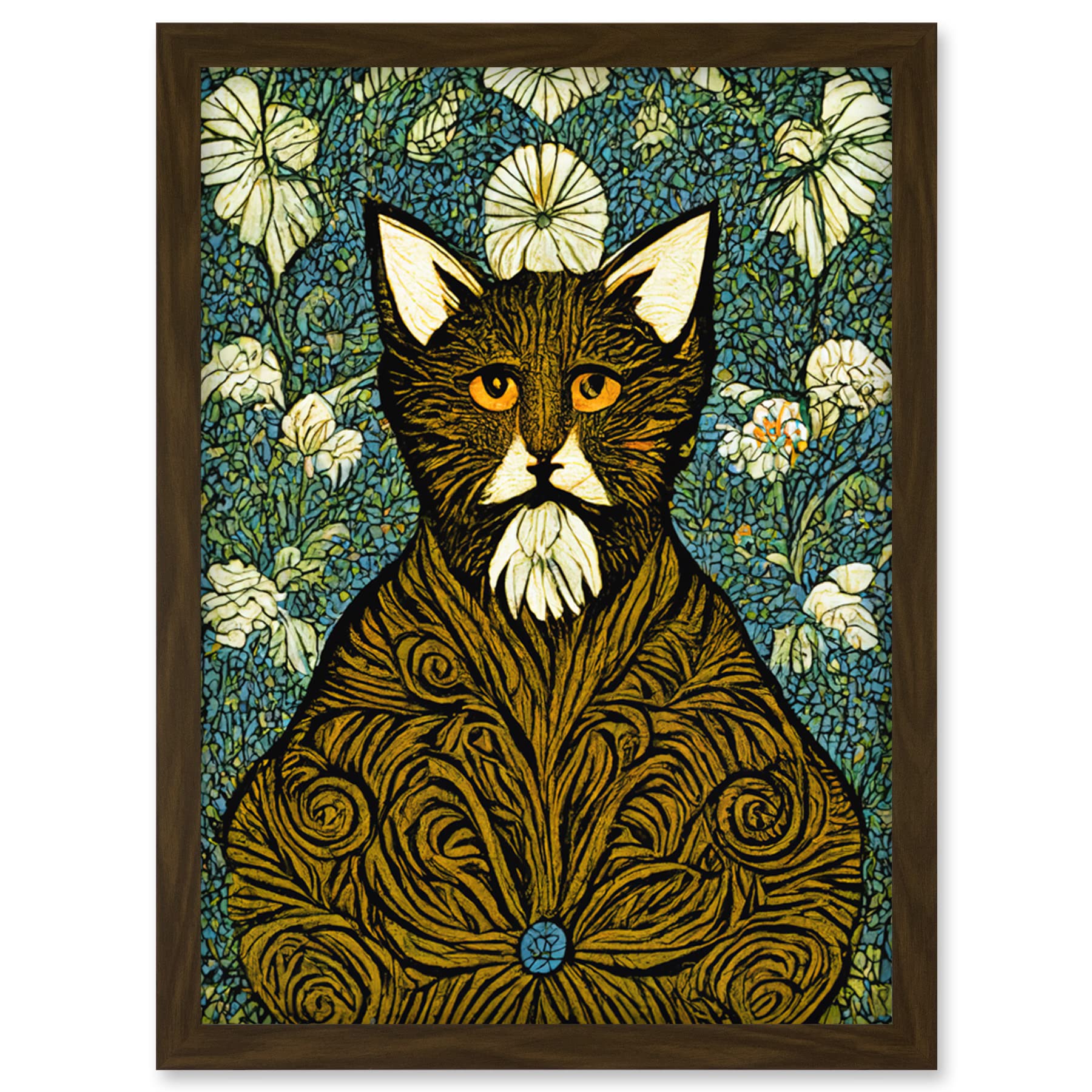 Doppelganger33 LTD Floral Paisley Illustrated Golden Cat William Morris Artwork Framed Wall Art Print A4
