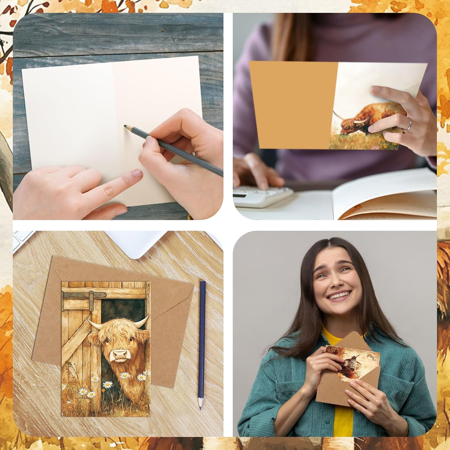 Motiskyy 72 Pack Vinatge Highland Cow Greeting Cards Bulk with 72 Pack Retro Rustic Envelopes 72 Pcs Farmhouse Stickers, 4 x 6 Inch Blank Inside Postcards for Baby Shower DIY Card Paper Gift