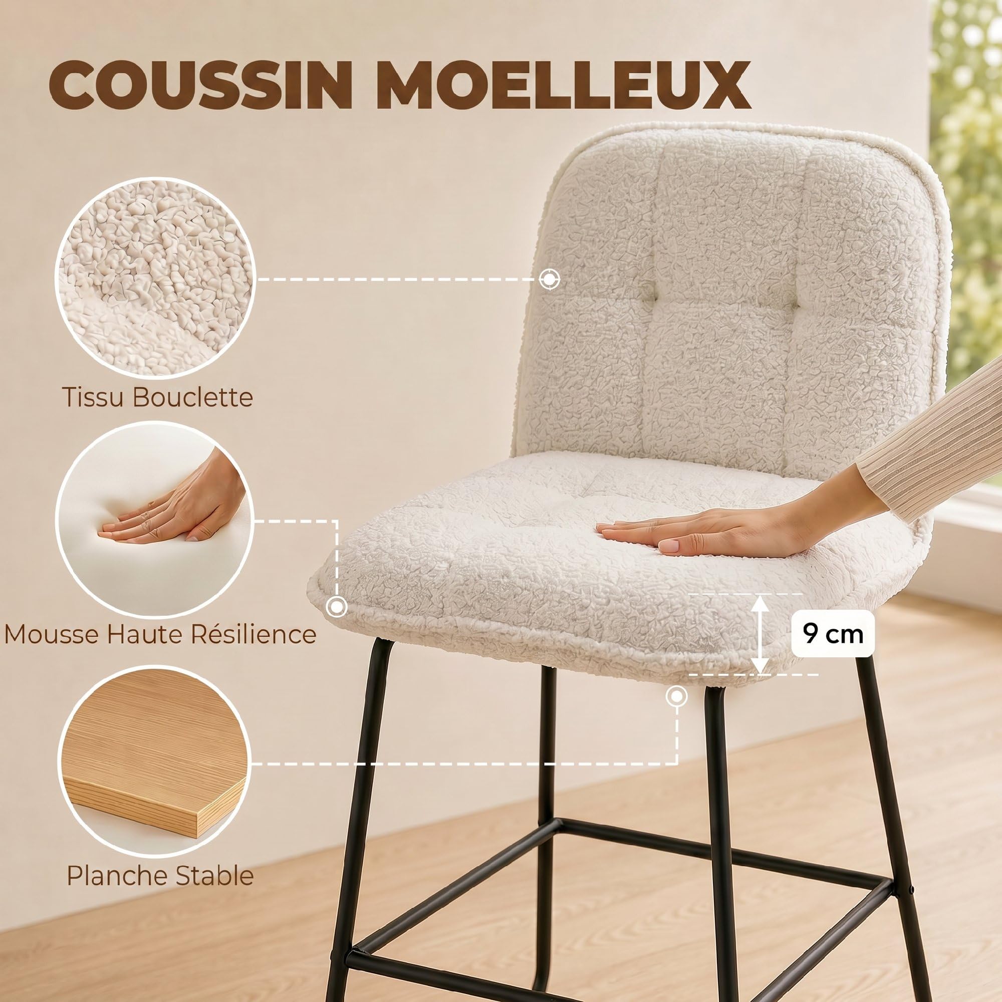 HOMCOM Lot de 2 Tabourets de Bar Extra-Large Assise 66H cm Crème