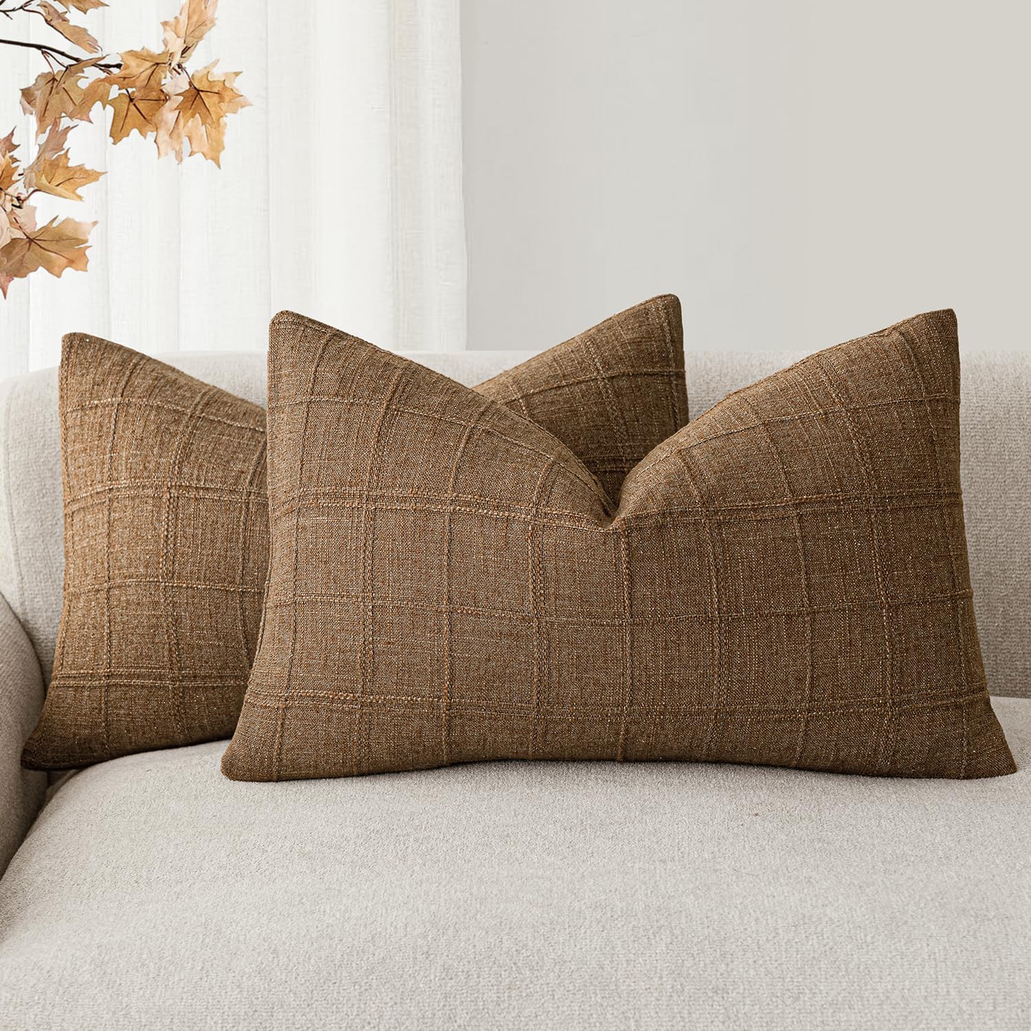 Foindtower Textured Linen Check Lumbar Throw Pillow Cover 12×24 Brown Hazel