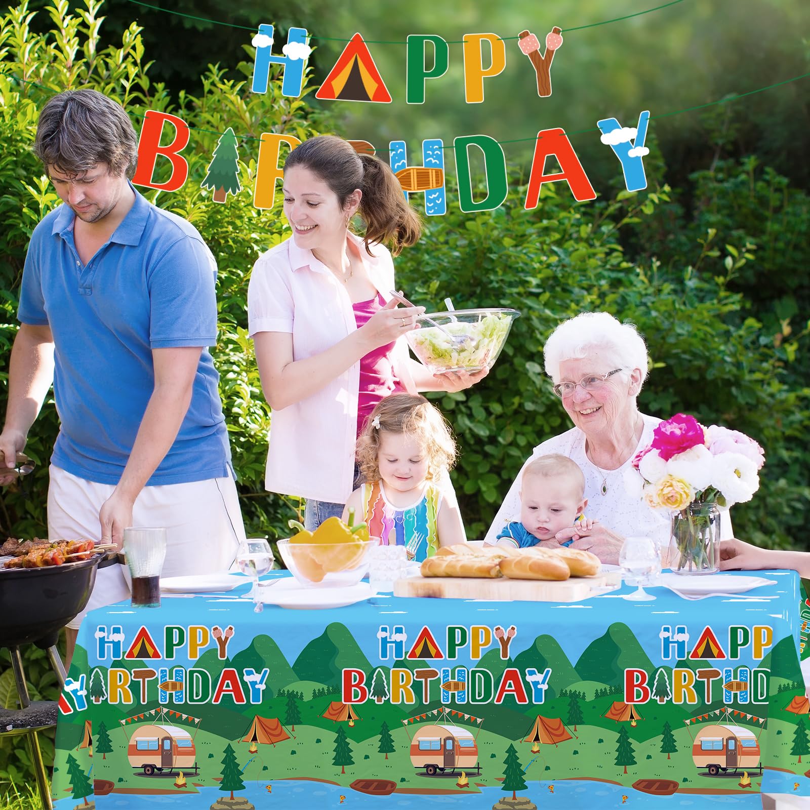 Happy Camper Disposable Plastic Table Covers - 2 Pack, 54"x108", Camping Theme Party Decor - View #3