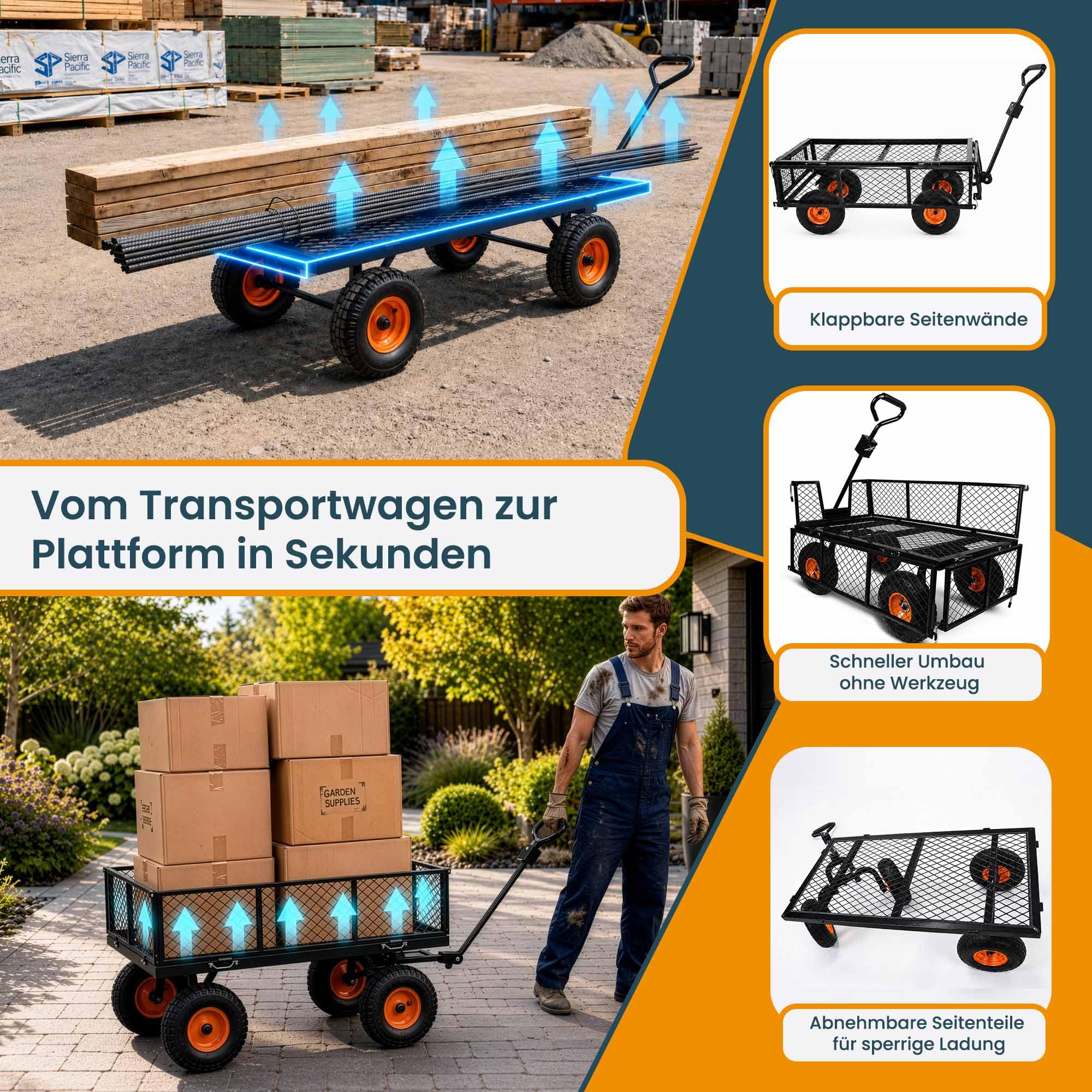 DreamRoots Gartenwagen Bollerwagen, 400 kg, 70 L, faltbar, Klein Schwarz | Transportwagen, Handwagen, 4 Luftreifen, abnehmbare Mesh-Seitenwände, Anhänger für Rasentraktoren