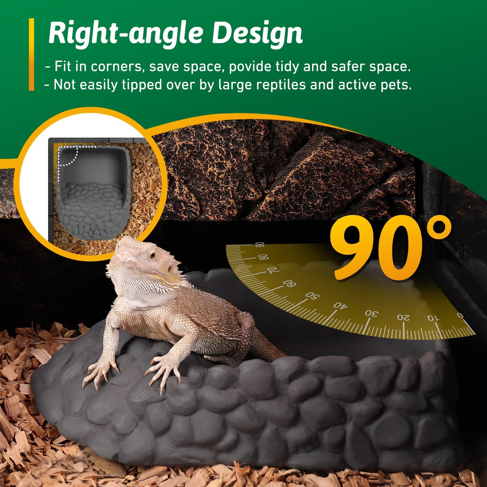 Plato de agua para reptiles, cuenco grande de comida de dragón barbudo, plato de agua de esquina de roca para reptiles, cuenco de agua de serpiente, alimentación para leopardo, geco, tortuga, lagarto