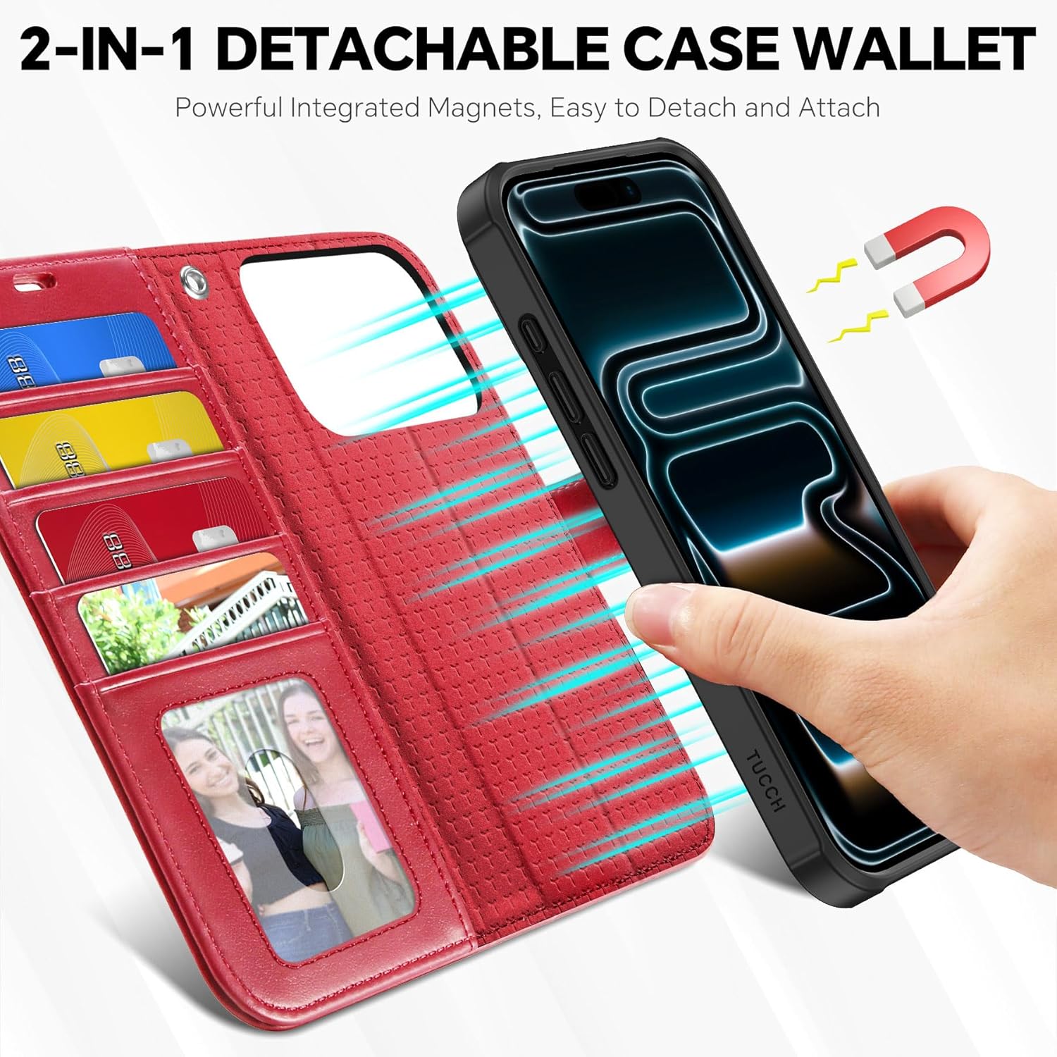 TUCCH 2-in-1 Removable Case Wallet for iPhone 17 Pro (6.3") 2025, Bright Red