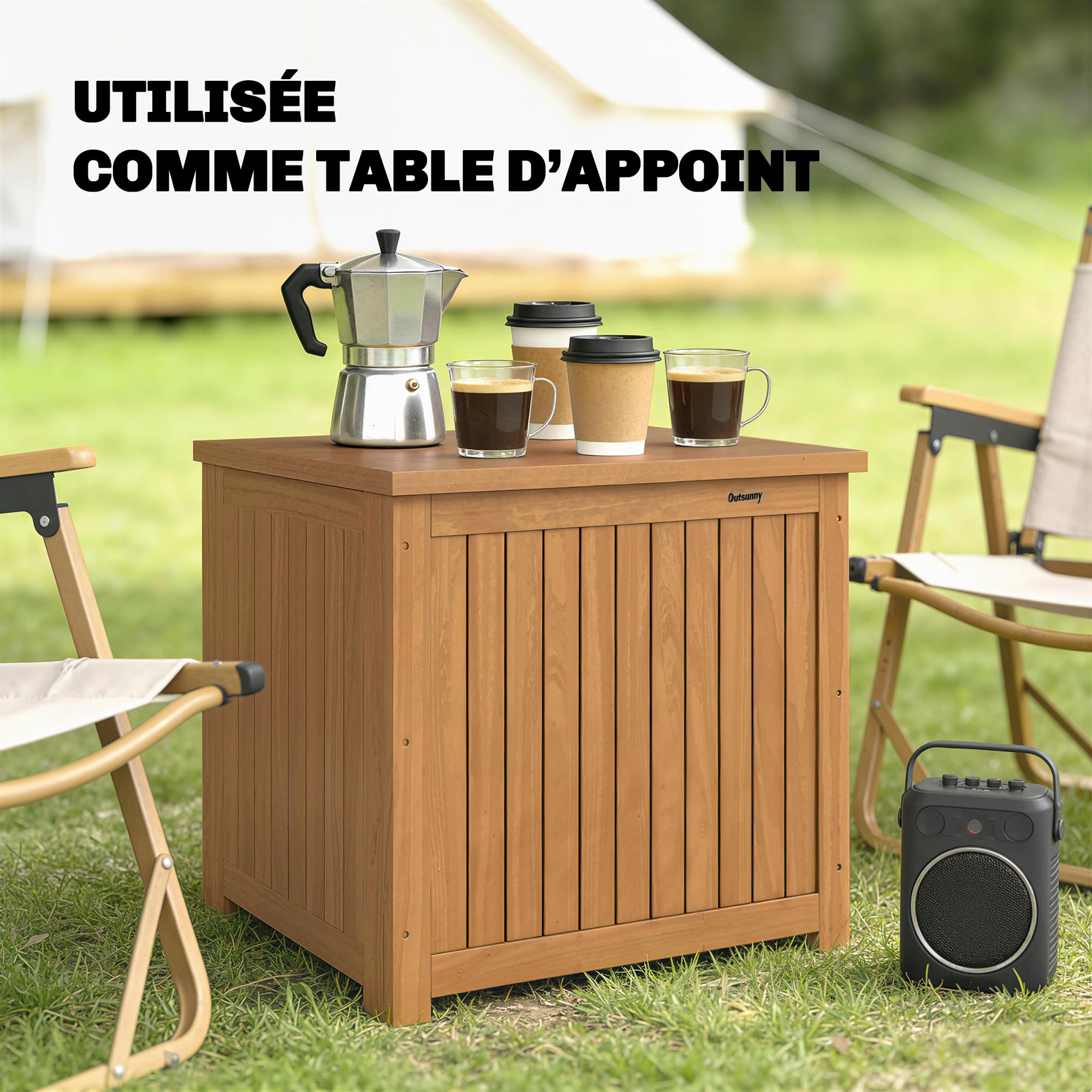 Outsunny Coffre de Rangement en Bois Massif 130L Balcon 63x51x58,5cm Brun