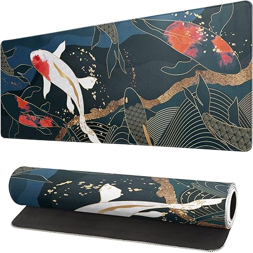 Miniatura 9 de Alfombrilla de mouse japonesa negra con ondas marinas abstractas de 31.5 x 11.8 pulgadas, textura de olas de mar, base de goma antideslizante,