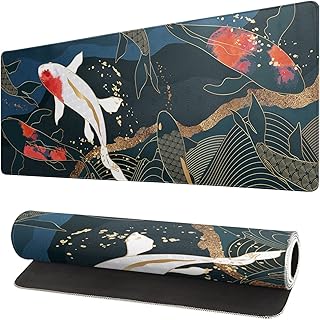 Koi Fish Art Mouse Pad Abstract Desk Mat 31.5x11.8 Inch Japanese Gaming Non-Slip Rubber Base Large Koi Fish Gaming Mousepad Stitched Edges Keyboard Mouse Mat Desk Pad for Home Gaming and Office