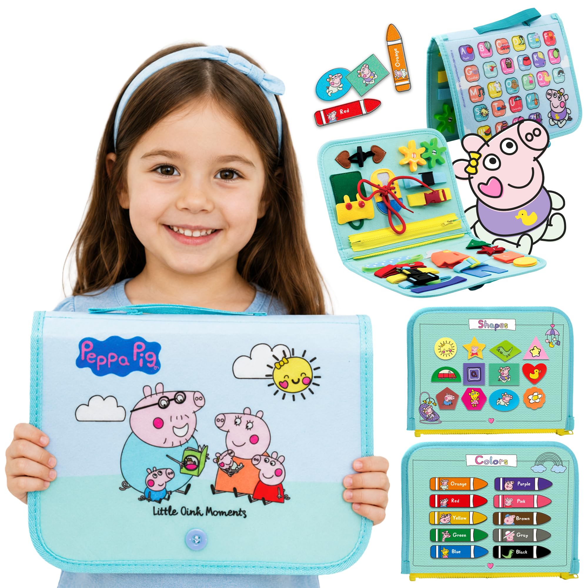 Official Evie Busy Board for Toddlers 3-5 - Montessori Busy Book - Peppa Pig Baby Sister, Sensory Travel Toy for Airplane &amp; Car, Preschool Learning Fine Motor Skills, Birthday Gift for Boys &amp; Girls