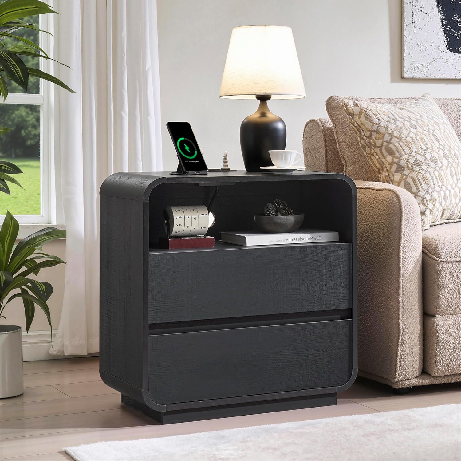 White Nightstand with Charging Station, 25" Tall Wood Bedside Table, Modern Curved End Table with 3 Storage Drawers Night Stand for Bedroom, Dorm, Sofa, Office