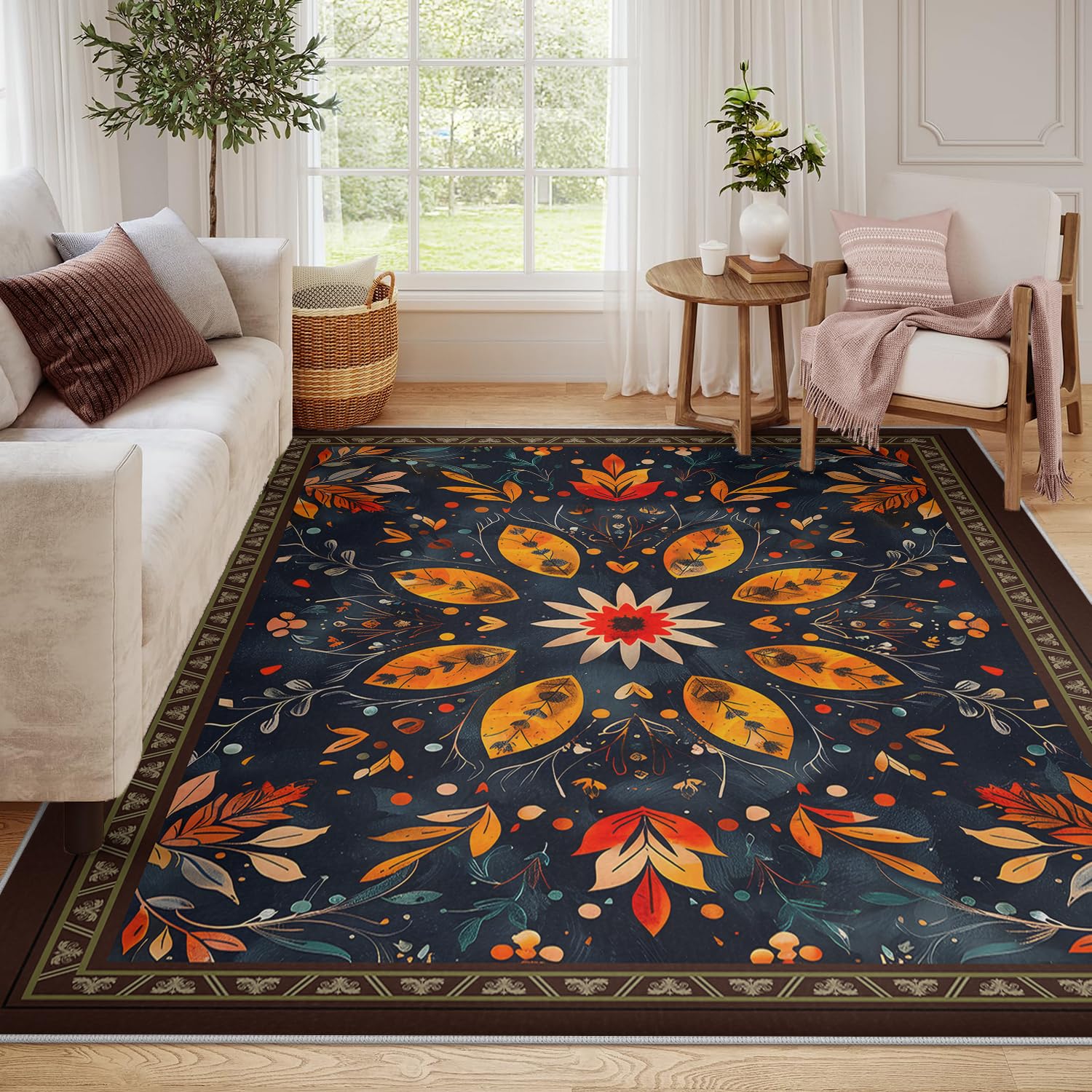 Tapis Floral bohème Lavable Chambre Salon 60x120