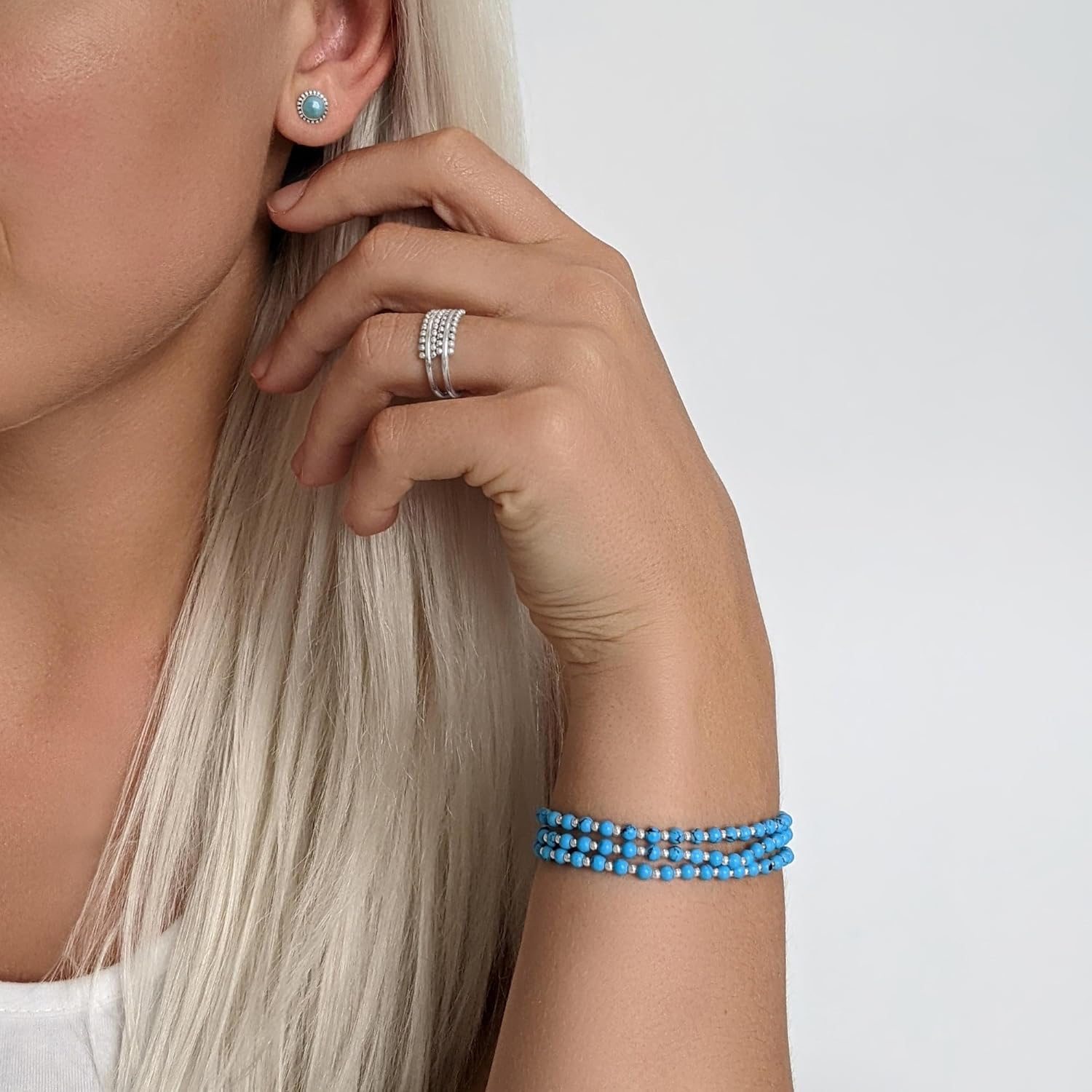 81stgeneration Sterling Silver Turquoise Beaded Triple Strand Friendship Bracelets for Women - Blue Bead Gemstone Bracelet - 925 Silver Jewelry Healing Crystals