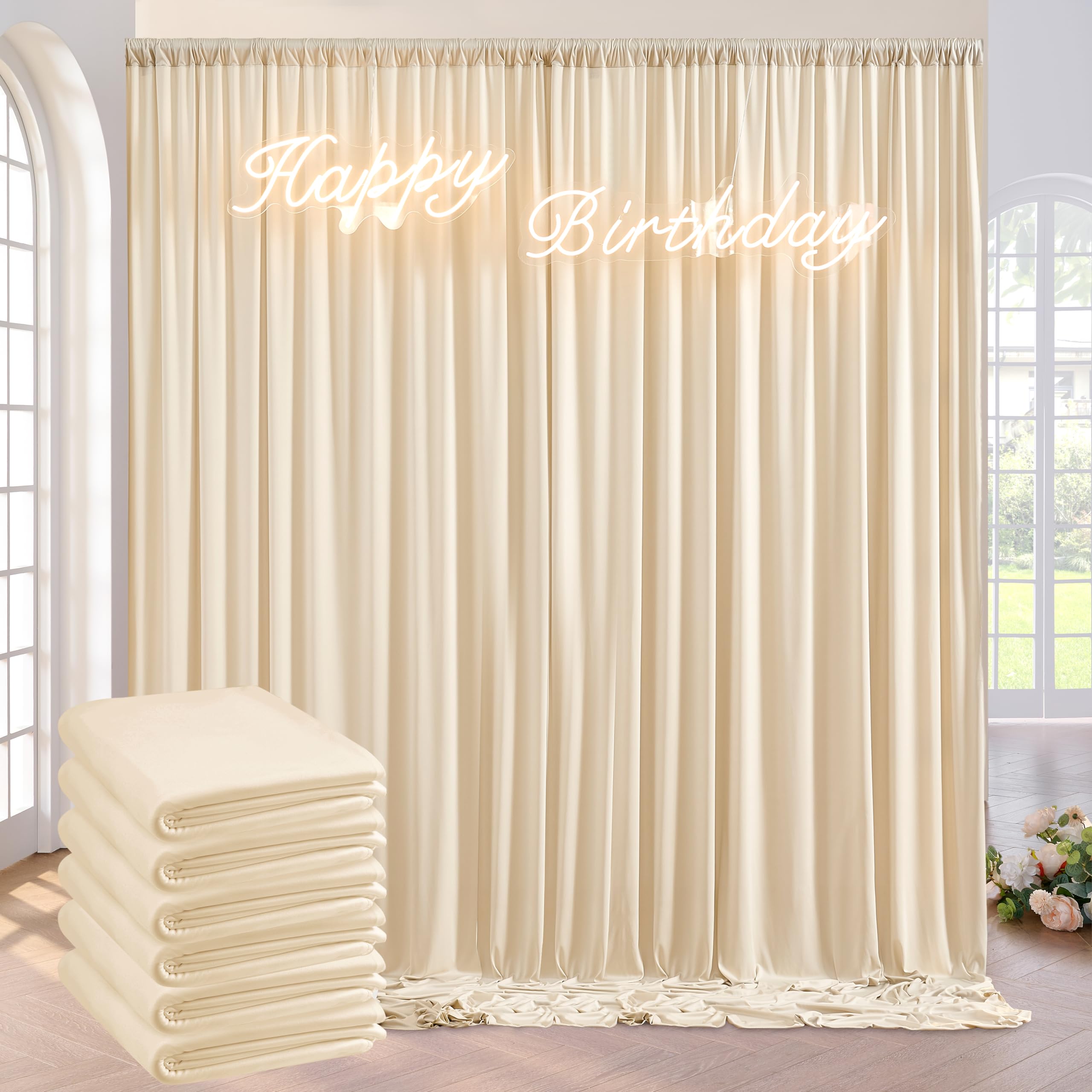 30ft×10ft Wrinkle Free Beige Backdrop Curtain for Party, 6 Panels 5×10ft Soft Silky Polyester Photo Backdrop Drapes for Parties Birthday Wedding Baby Shower Baptism Photography Backgrounds