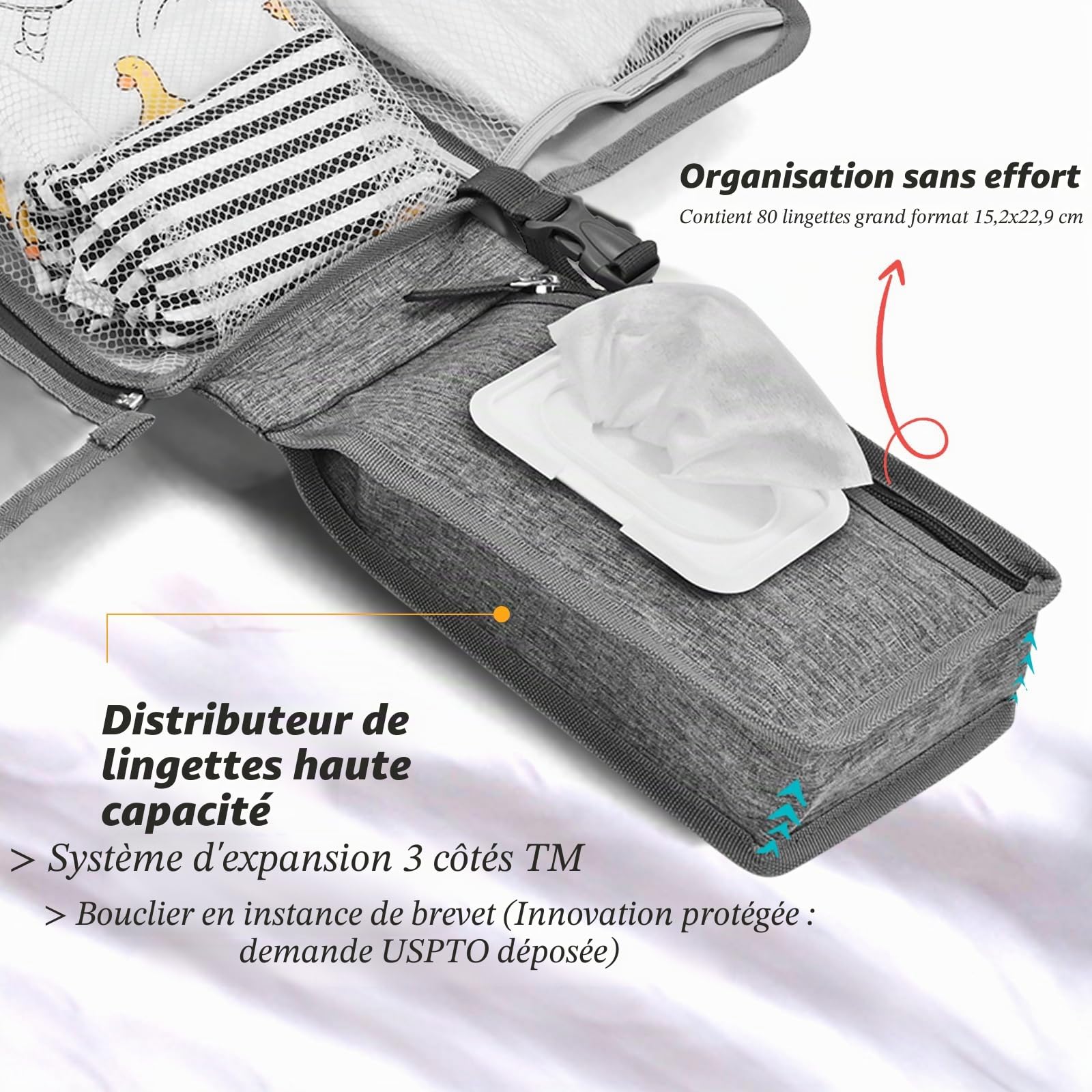 Matelas à langer portable - Matelas à langer de voyage avec poche et coussin de tête - Imperméable - Gris