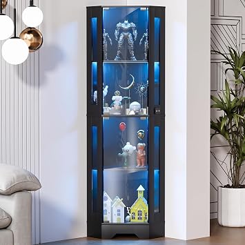 65" Corner Display Cabinet with Glass Doors Lighted Curio Showcase 4 Tier