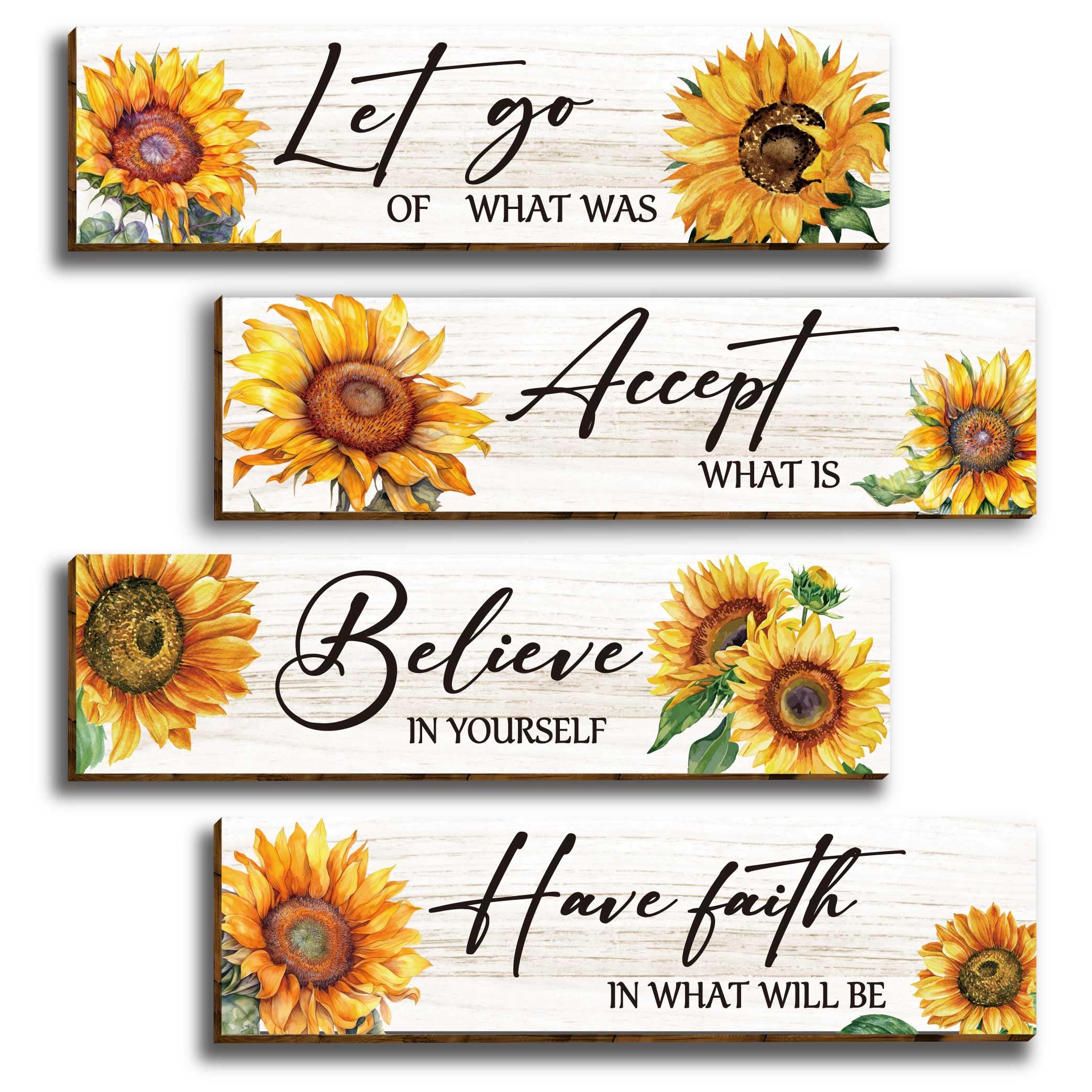 4 Pieces Sunflower Modern Floral Wooden Office Wall Decor, Inspirational Saying with Accept-Let go-Have faith-Believe Wood Sign, Hanging Motivational Wall Plaques for Office Living Room Bathroom