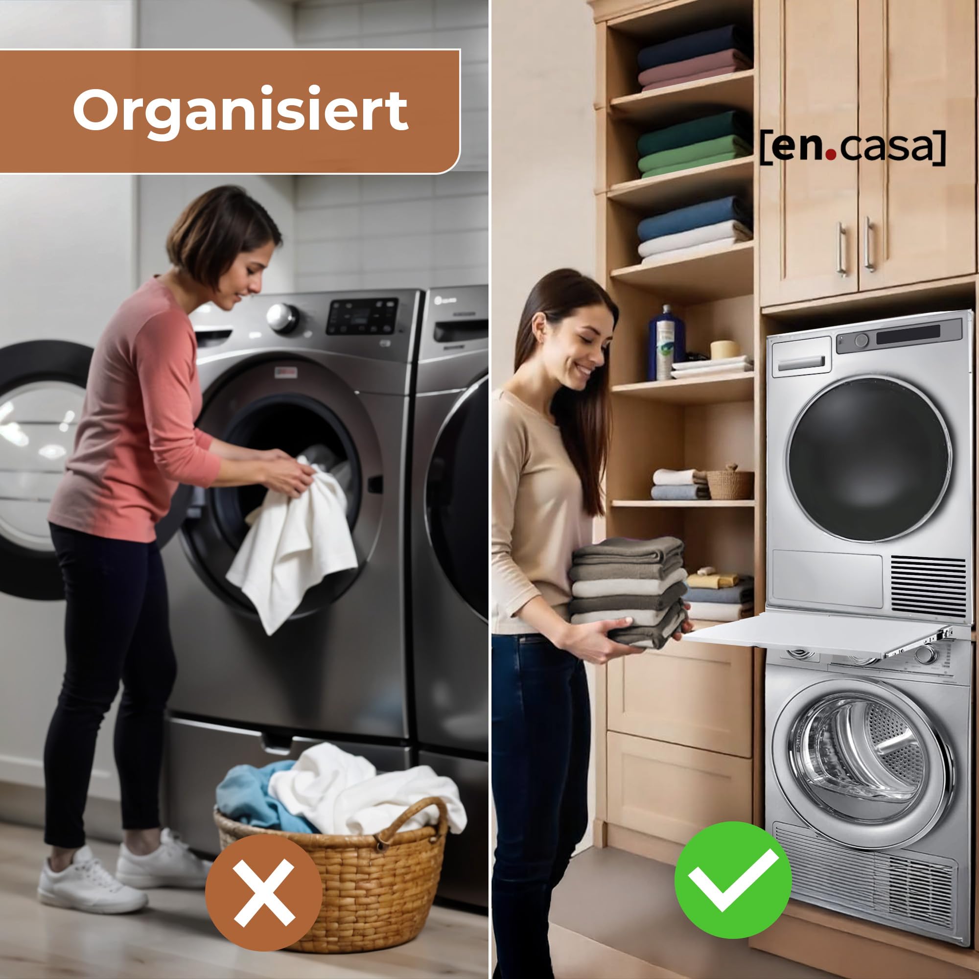 [en.casa] Universal Zwischenbaurahmen für Trockner & Waschmaschine (60cm Breite) - mit ausziehbarem Regal - Waschturm Verbindungsrahmen - Verbindung Alternative zu Waschmaschine Trockner Schrank