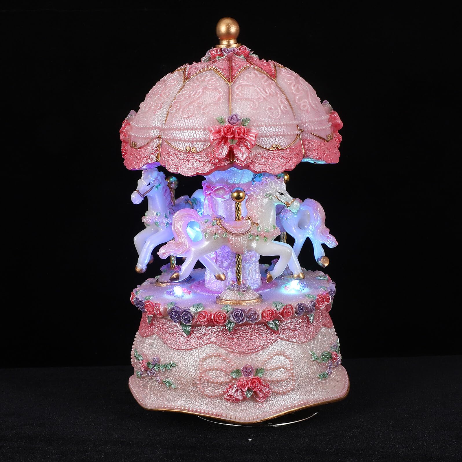 Ipetboom Carillon Giostra Rotante Vintage in Resina Rosa con Cavalli | Melodie Classiche Rilassanti, Luce LED Integrata, per Natale e Compleanno, Idea Regalo per Ragazze