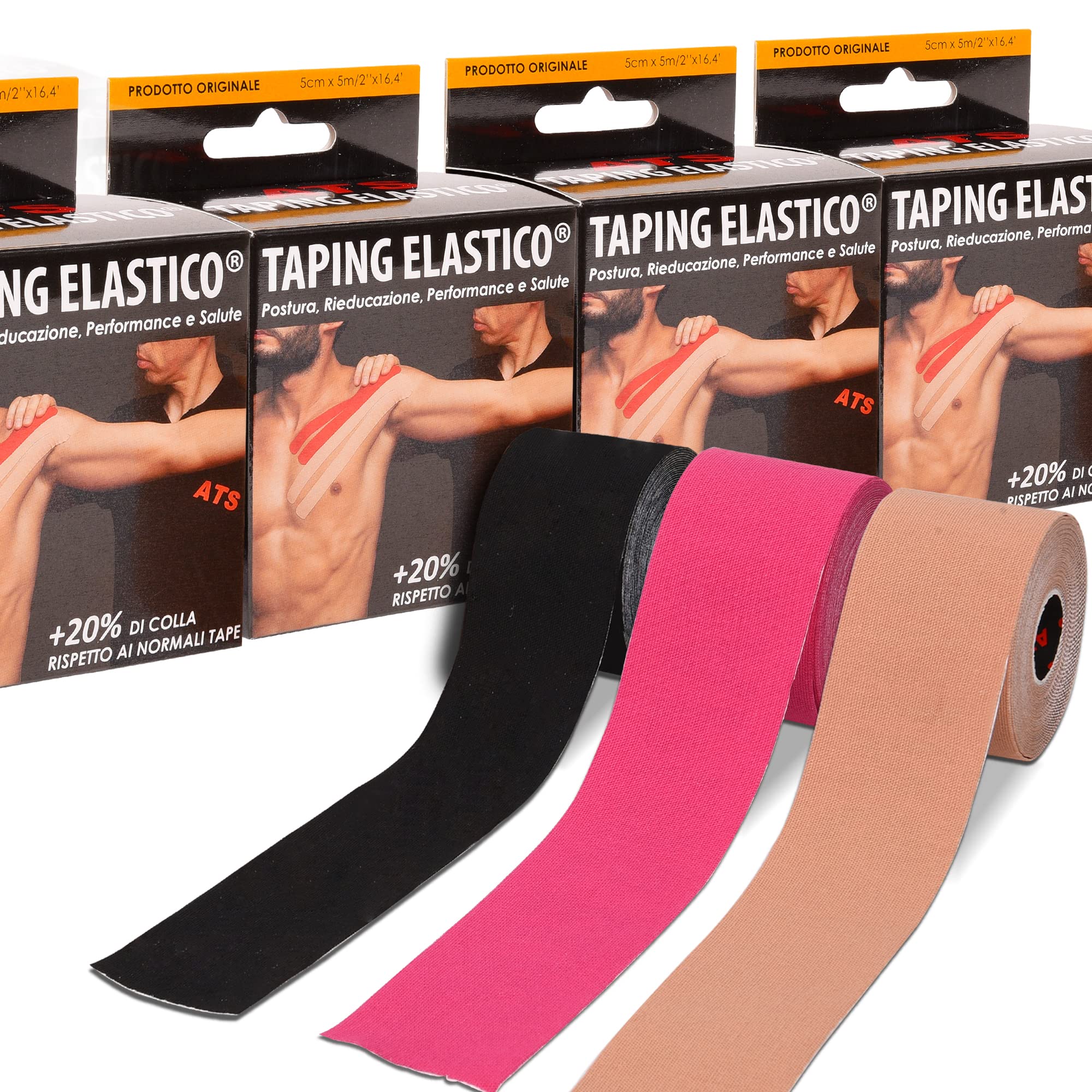 ATS Taping Elastico® Ruban professionnel 5 cm x 5 m Respirant et résistant à l'eau Couleurs assorties 24 Rotoli