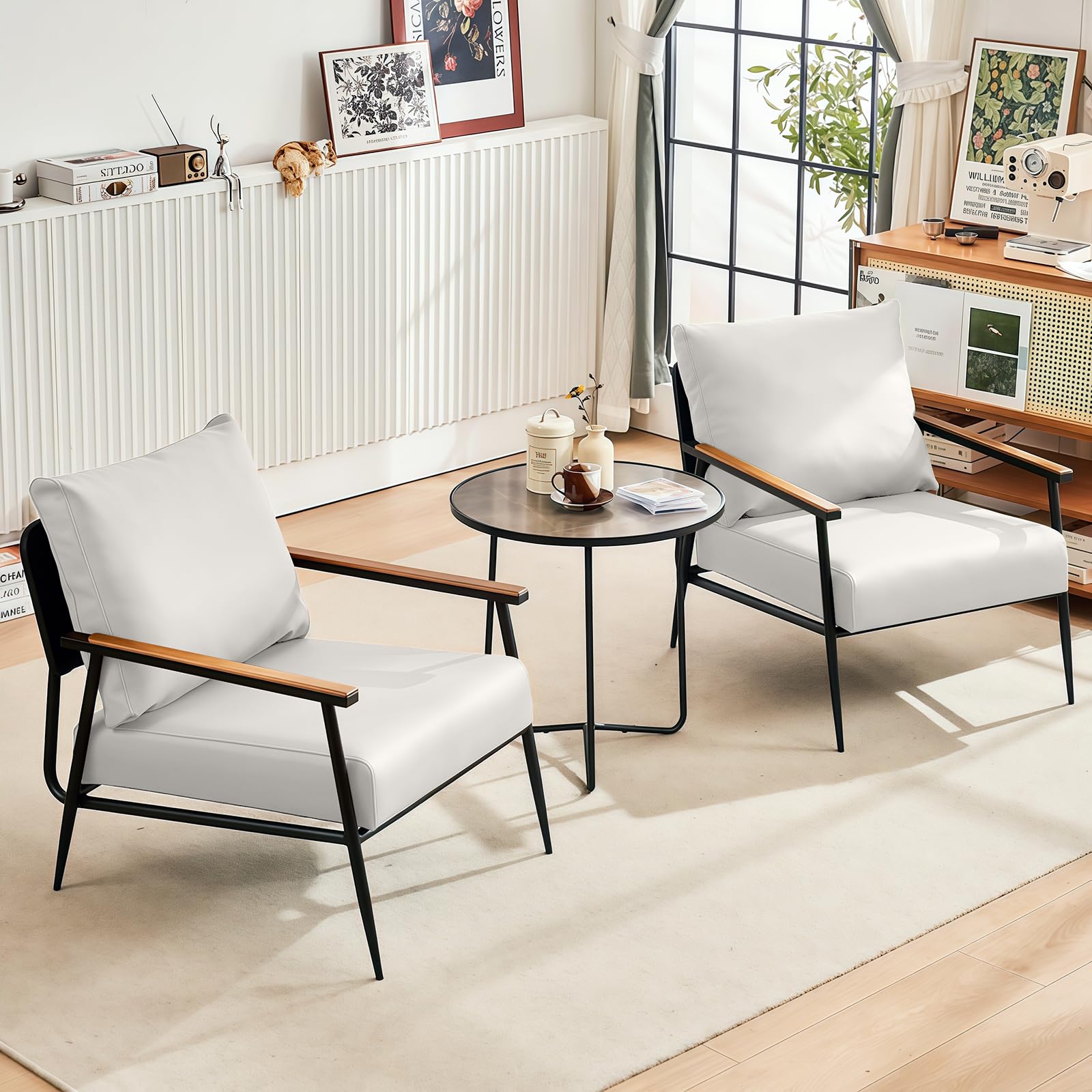 Silla decorativa, sillón de piel sintética con marco de metal, cómoda silla de lectura con cojines y reposabrazos de madera para sala de estar, dormitorio, comedor