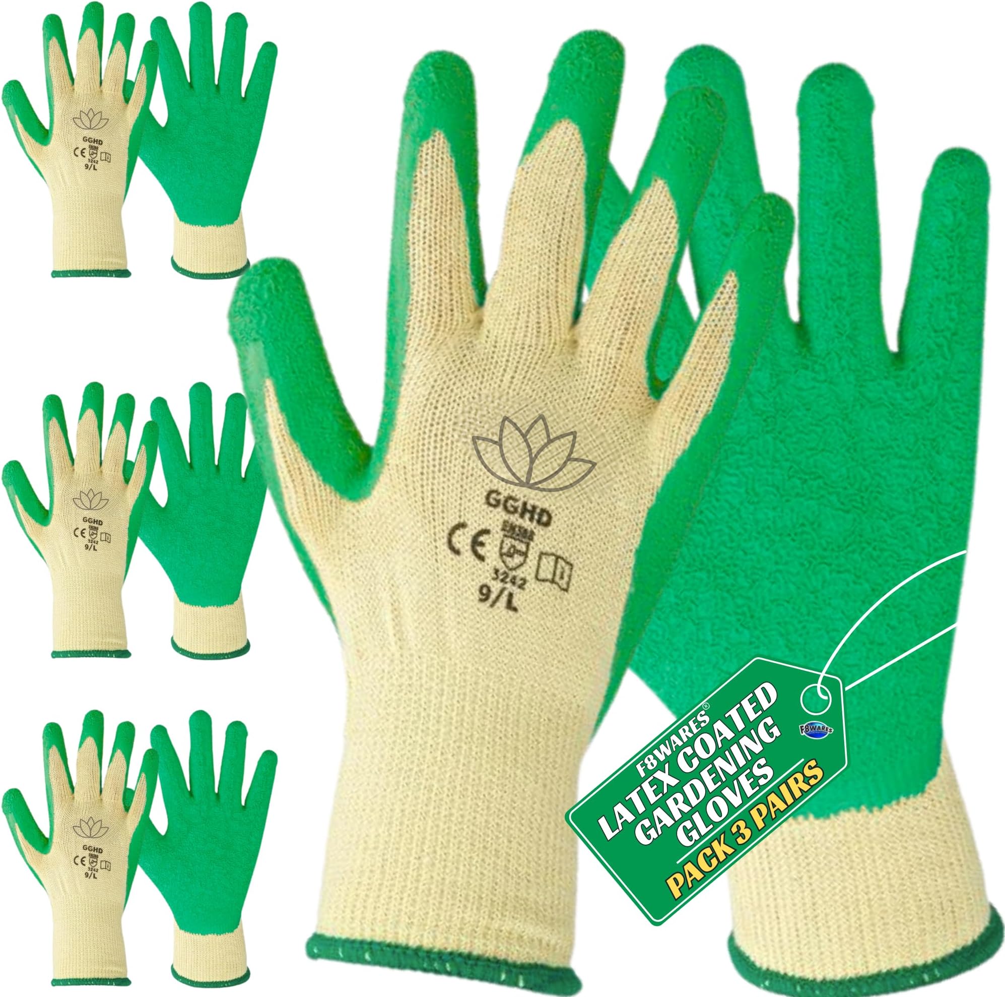 F8WARES 3 Pairs Latex Coated Cotton Safety Garden Gloves for Gardening - Gardening Gloves - Gloves for Gardening work - Cut Resistant heavy duty gloves - Working gloves for Farming & Agriculture L