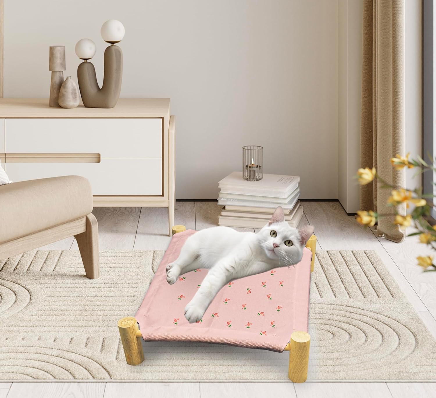 review Cat Hammock Bed, Pink Rose Cat Beds, Wooden Cat Beds for Indoor Cats, Small Dog Bed, Breathable Indoor Cat Bed for All Seasons, Pet Beds, Pet Sleeping Beds, Pink Cat Hammock Bed