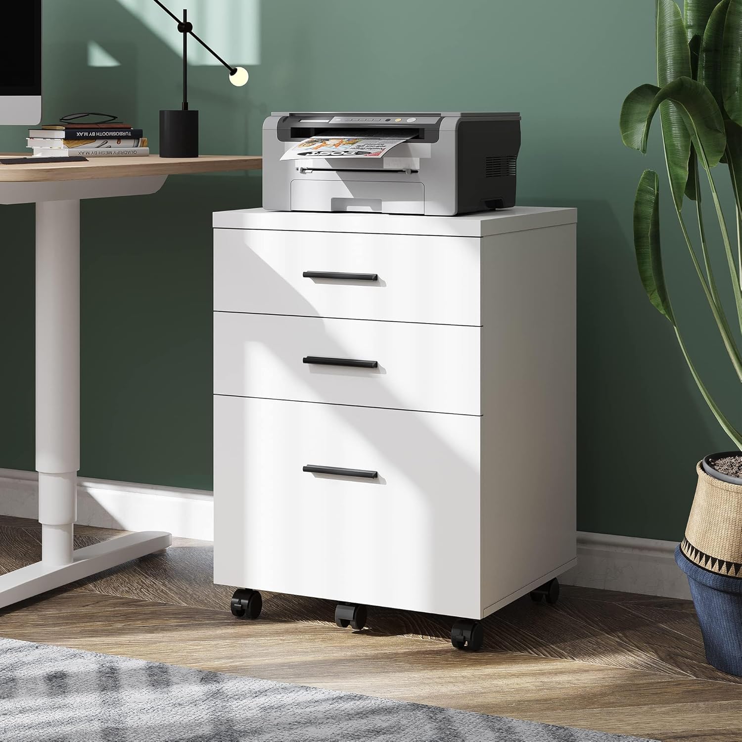 DEVAISE 3 Drawer File Cabinet for Home Office, Wood Under Desk Filing Cabinet, Rolling Printer Stand with Wheels, White