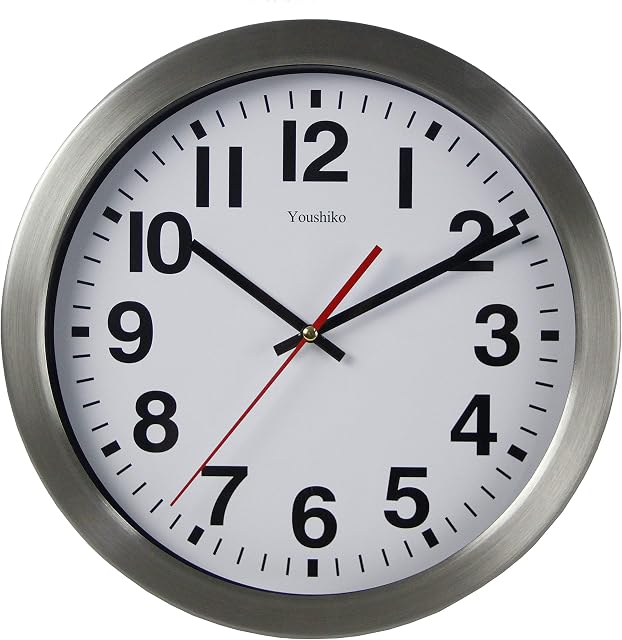 Youshiko Large Bold Quartz Metal Frame Glass Cover Lens Wall Clock, 12'' Non Ticking Silent Sweeping Seconds, Home/Kitchen/Office/School Clock, Easy to Read