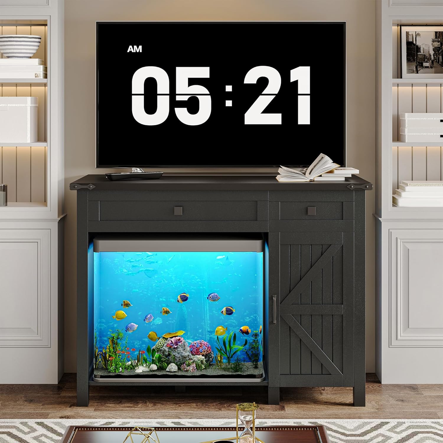 Saudism 40 Gallon Aquarium Stand With Charging Station, Farmhouse Fish Tank Stand, 30-40 Gallon Reptile Tank Stand Terrarium Stand with Drawer and Cabinet Storage, Sturdy Heavy Duty 41.9"×18.3" Tabletop - Black