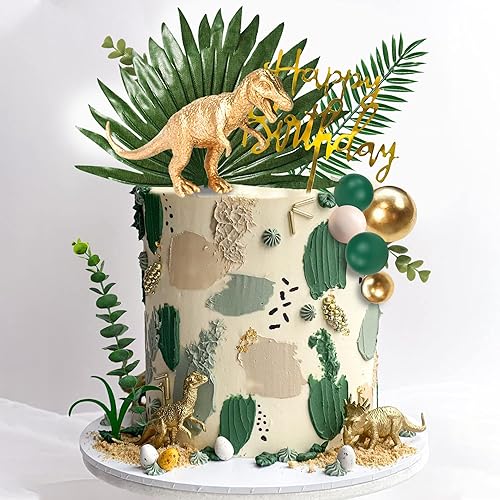 Miniatura 4 de 21 piezas de decoración de dinosaurios dorados para tartas, figuras de dinosaurio, bola verde, decoración de pasteles para niños y niñas,