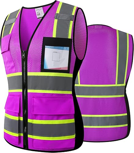 Miniatura 19 de Chaleco de seguridad reflectante de alta visibilidad para hombres y mujeres con bolsillos y cremallera frontal, cumple con los estándares ANSI/ISEA