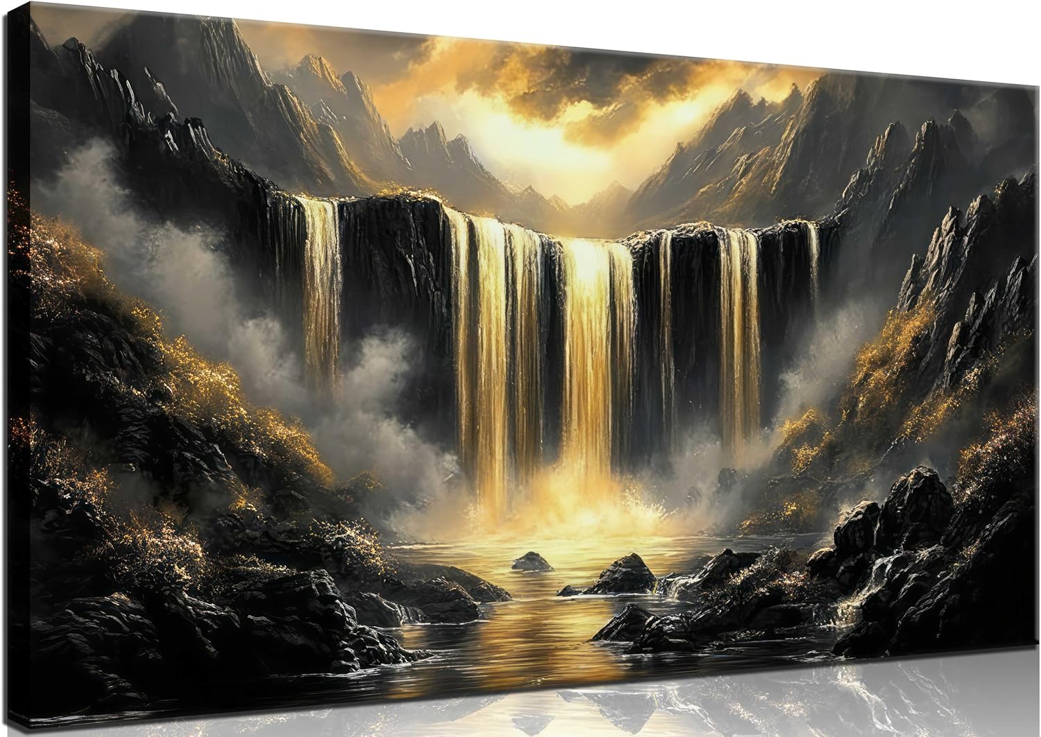 Black Gold Waterfall Canvas Wall Art Abstract Waterfall Wall Decor Mountain Art Posters Pictures for Office for Living Room bedroom Painting Prints Framed