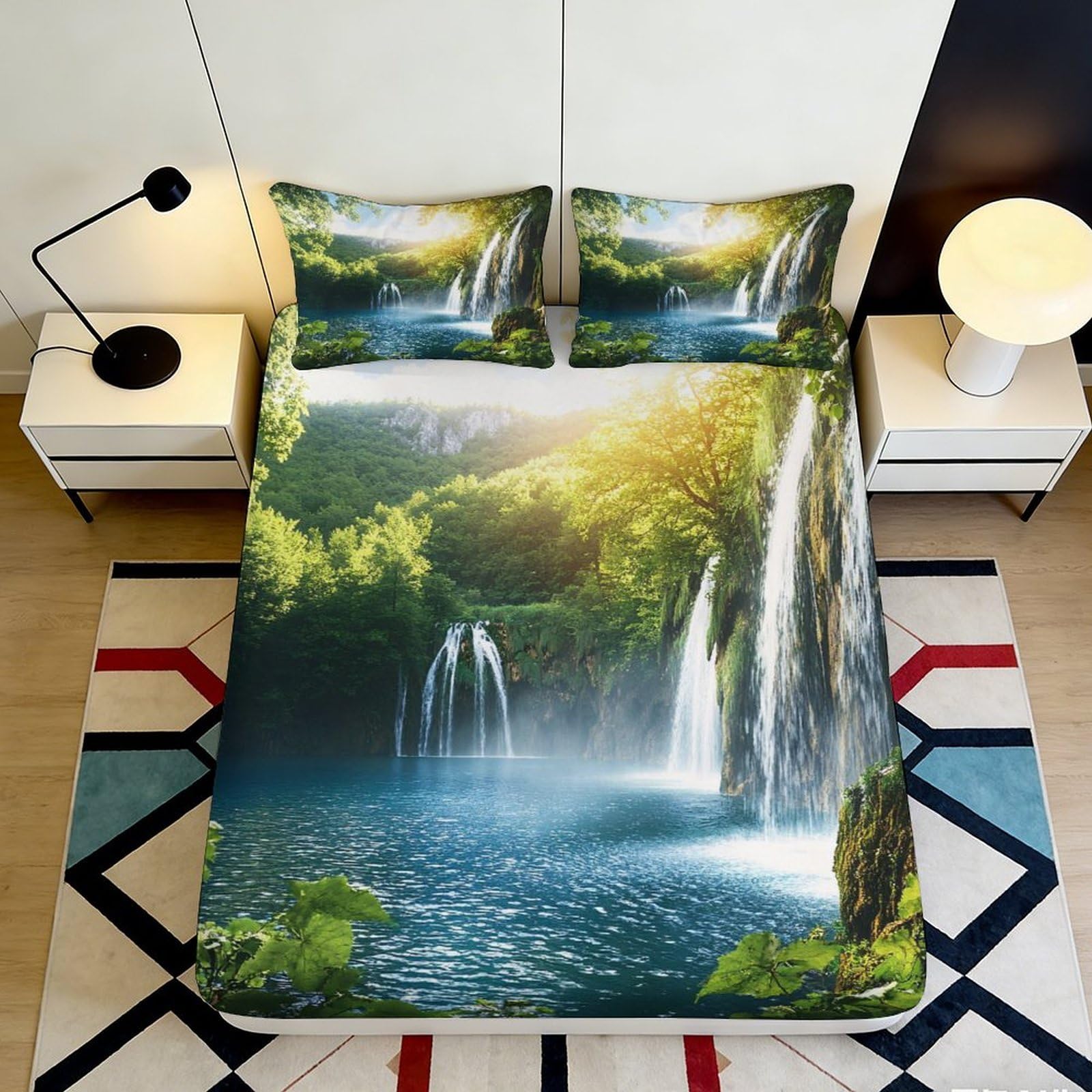 3D Printed Waterfall Fitted Sheet Microfiber Soft Breathable Forest Lake Bed Cover for Bedroom Dormitory Guest Room Mattress Protection Decor 140x200x25cm