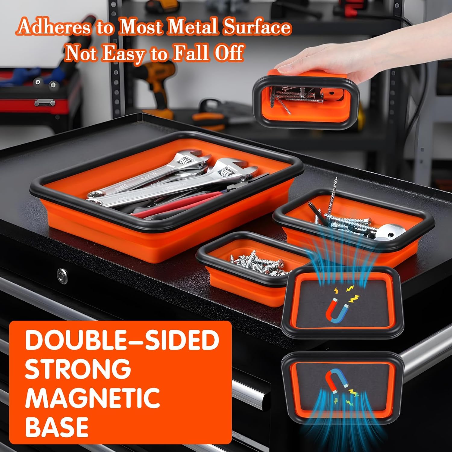 Foldable Magnetic Parts Tray Set, 3 Pcs Magnetic Parts Organizer Trays & 2 Pack Flexible Pickup Tool, 3 Sizes Magnet Tool Trays for Screw, Bolts, Nuts, Washers, Pins and Other Metal Part