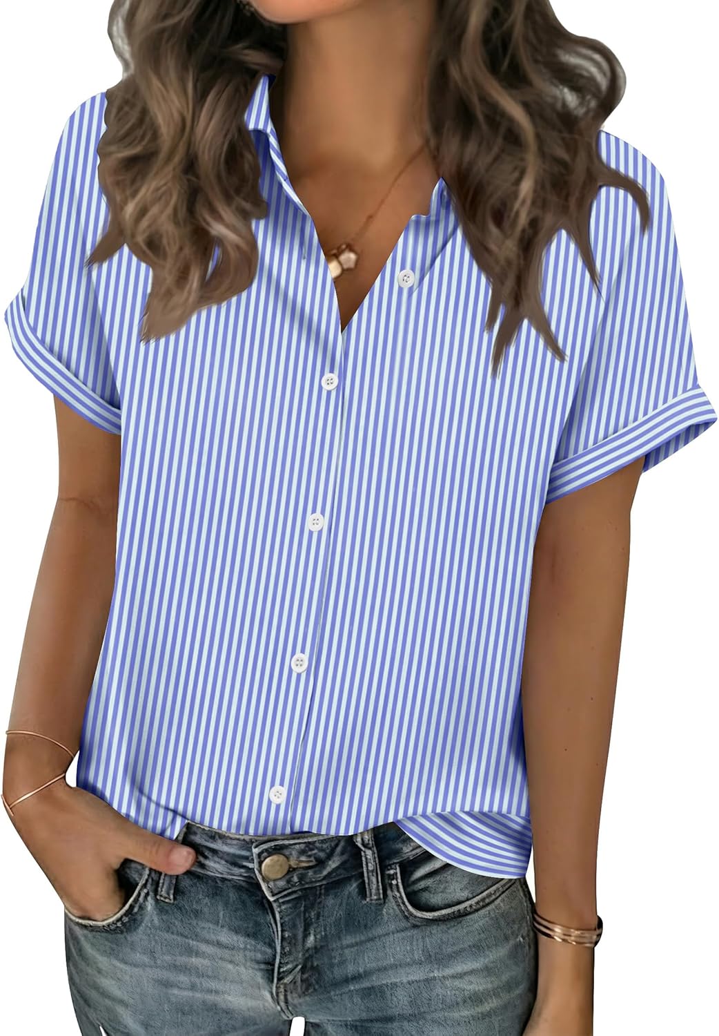 Zeagoo Blue and White Striped Shirts for Women Short Sleeve V Neck Collared Blouses 2026 Summer Tops