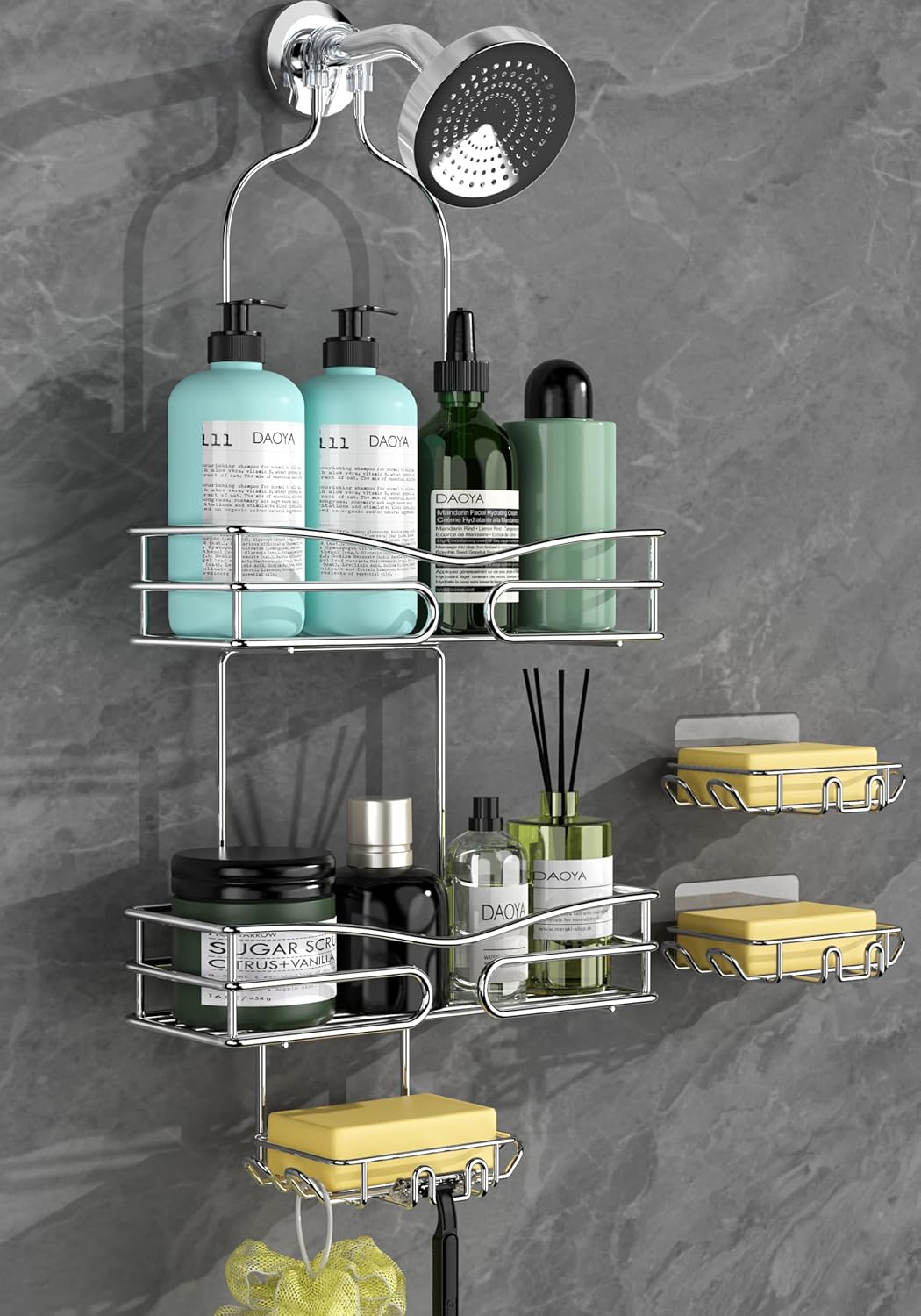 Over the Shower Head Caddy – 2-Tier Shower Caddy Hanging with 2 Movable Soap Holder, Stainless Steel Hanging Bath Organizer with High Guardrail for Bathroom, Silver