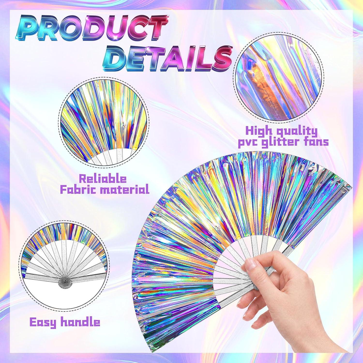 Threehoney 12 Pcs Large Iridescent Fan Party Supplies Rave Holographic Iridescent Fans Bulk for Mermaid Birthday Wedding Party Disco 90s 80s Parties Supplies