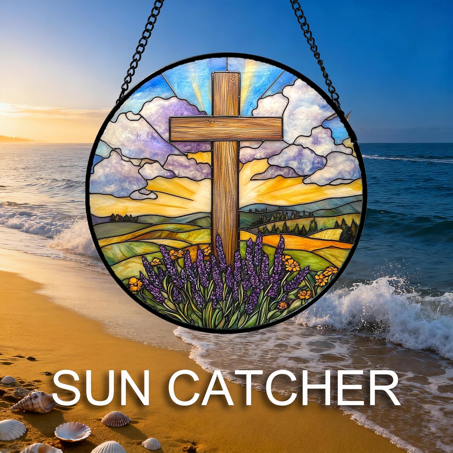 Christian Gifts for Women - Cross Stained Glass Window Hanging Jesus Easter Flower Mountain Sun Catcher Garden Religion Decor Mother's Day Catholic Gift for Grandma Mom Nana Her 9.8"