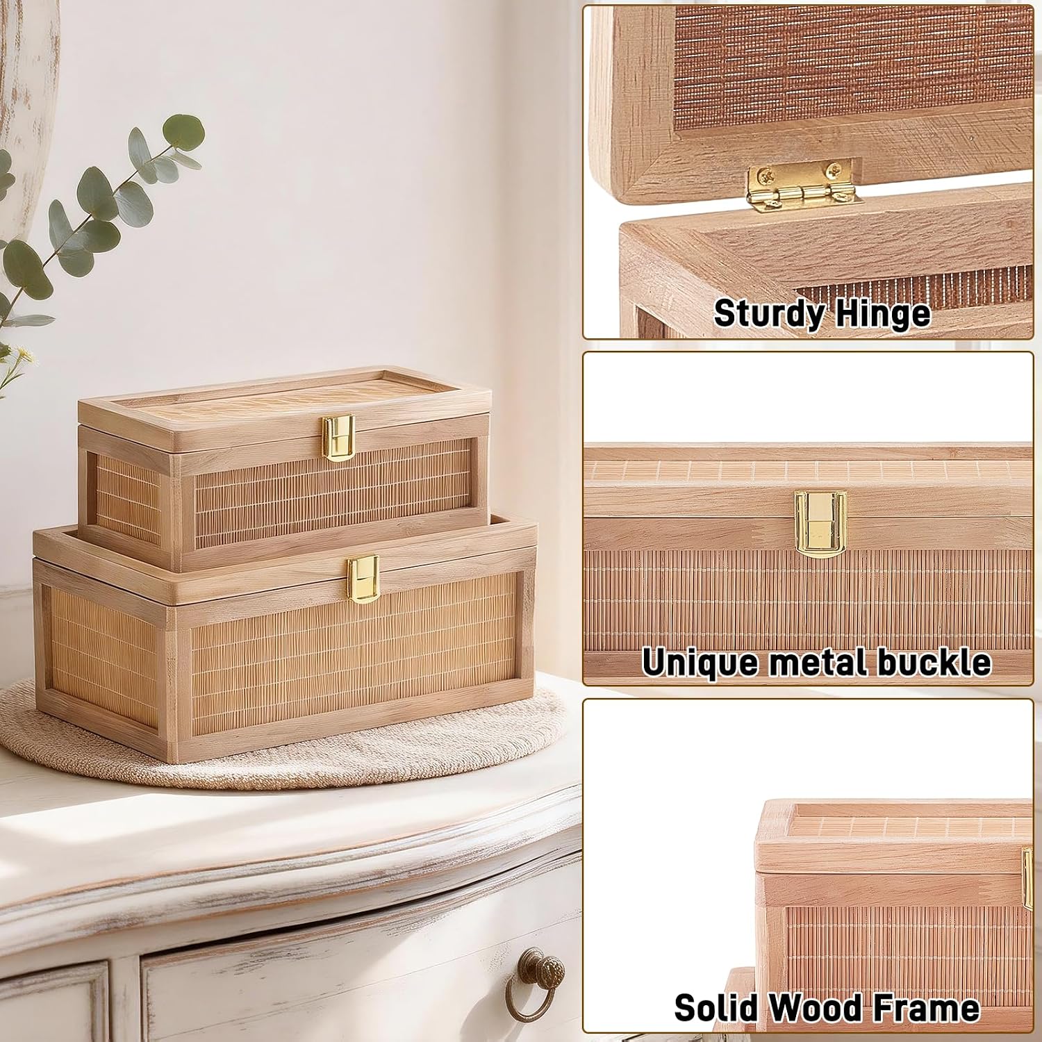 Natural Bamboo Decorative Box with Lids, Unique Decorative Boxes Set of 2, Boho Wedding Keepsake Box, Memory Box with Lid for Crafts, trinkets and Photo Storage