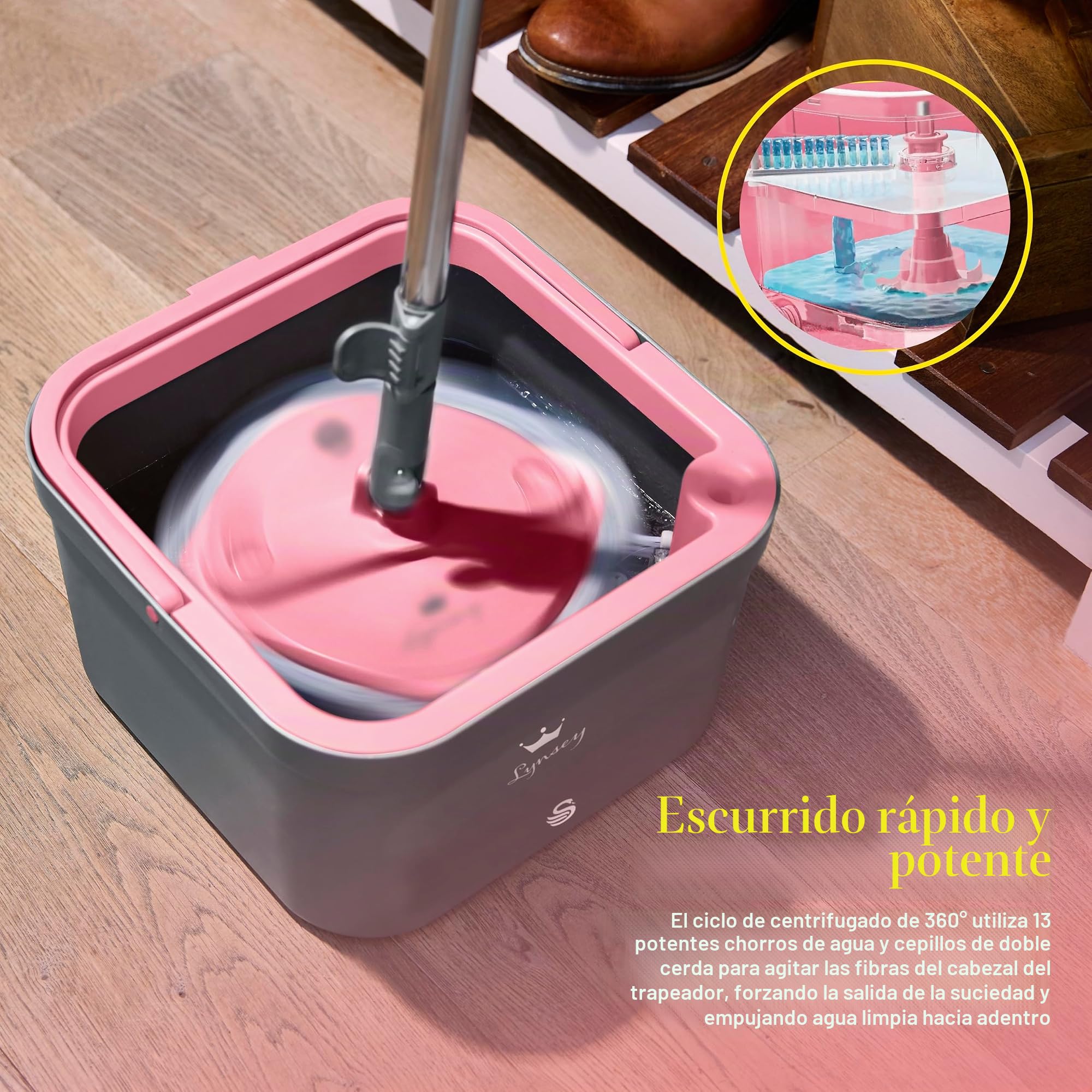 Swan Lynsey SWFC1002QOCN - Mopa giratoria turbo con ciclo de centrifugado de 360°, dos depósitos de agua de 2,5 L, mango plegable, almohadilla de microfibra y cabezales lavables a máquina, rosa y gris