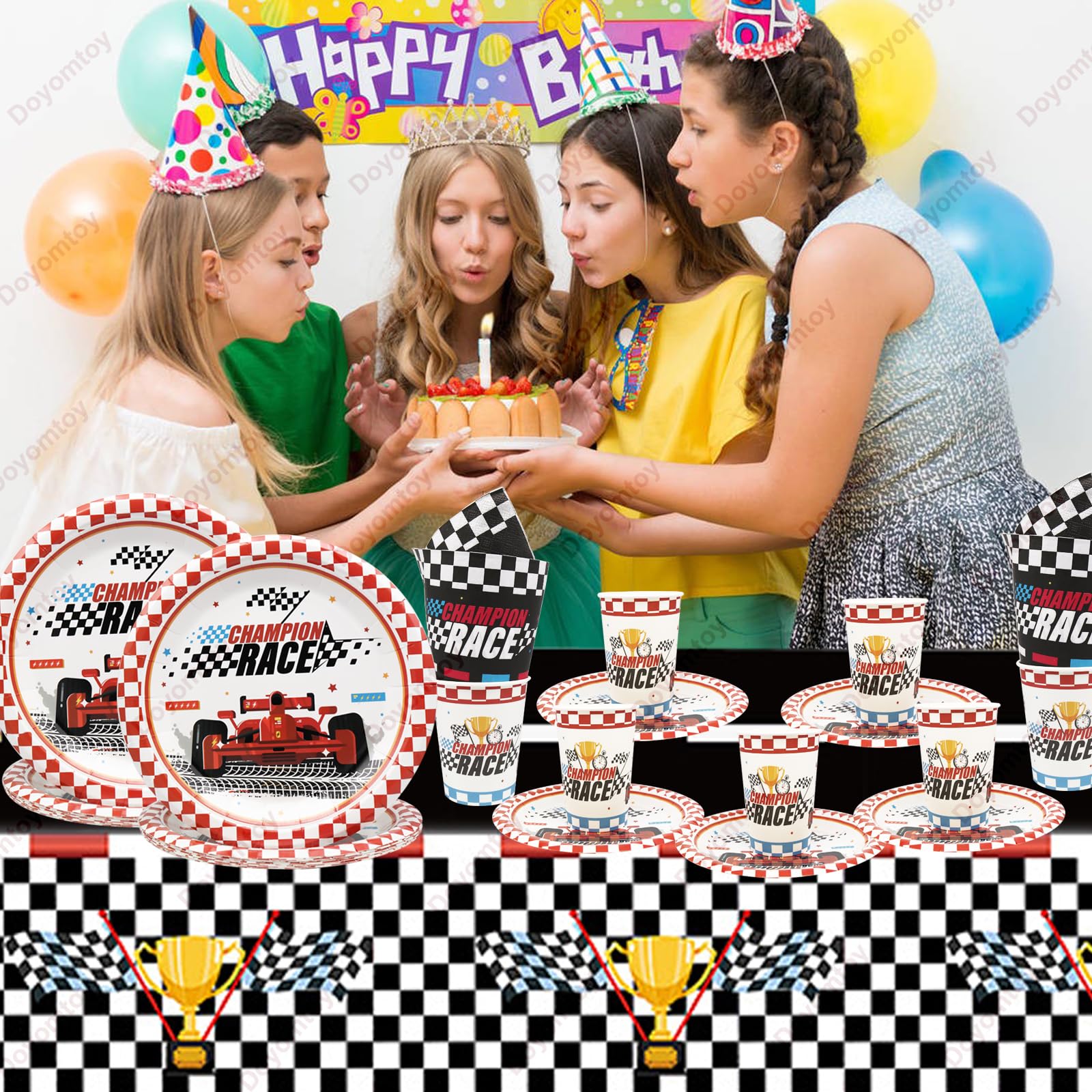 Kit De Vaisselle Jetable Thème Course Auto - 61 Pièces Pour 20 Invités - Assiettes, Gobelets, Serviettes, Nappe - Anniversaire Enfant