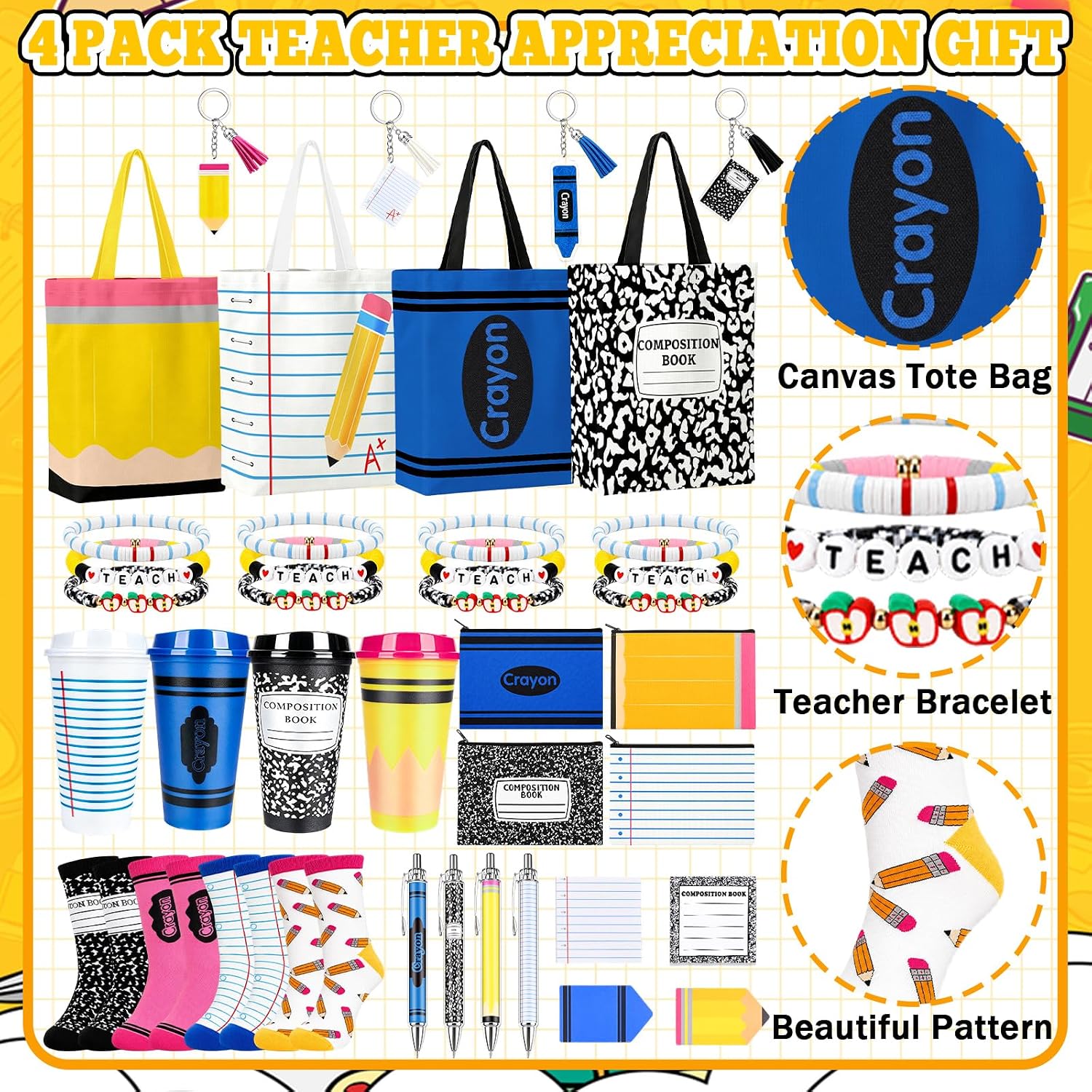 32 Pcs Back to School Teacher Gift Bulk, Teacher Appreciation gifts in bulk Set of 4 with 16oz Teacher Tumblers, Canvas Tote Bags, Makeup Bags, Socks, Bracelets, Keychains and Cards image 4